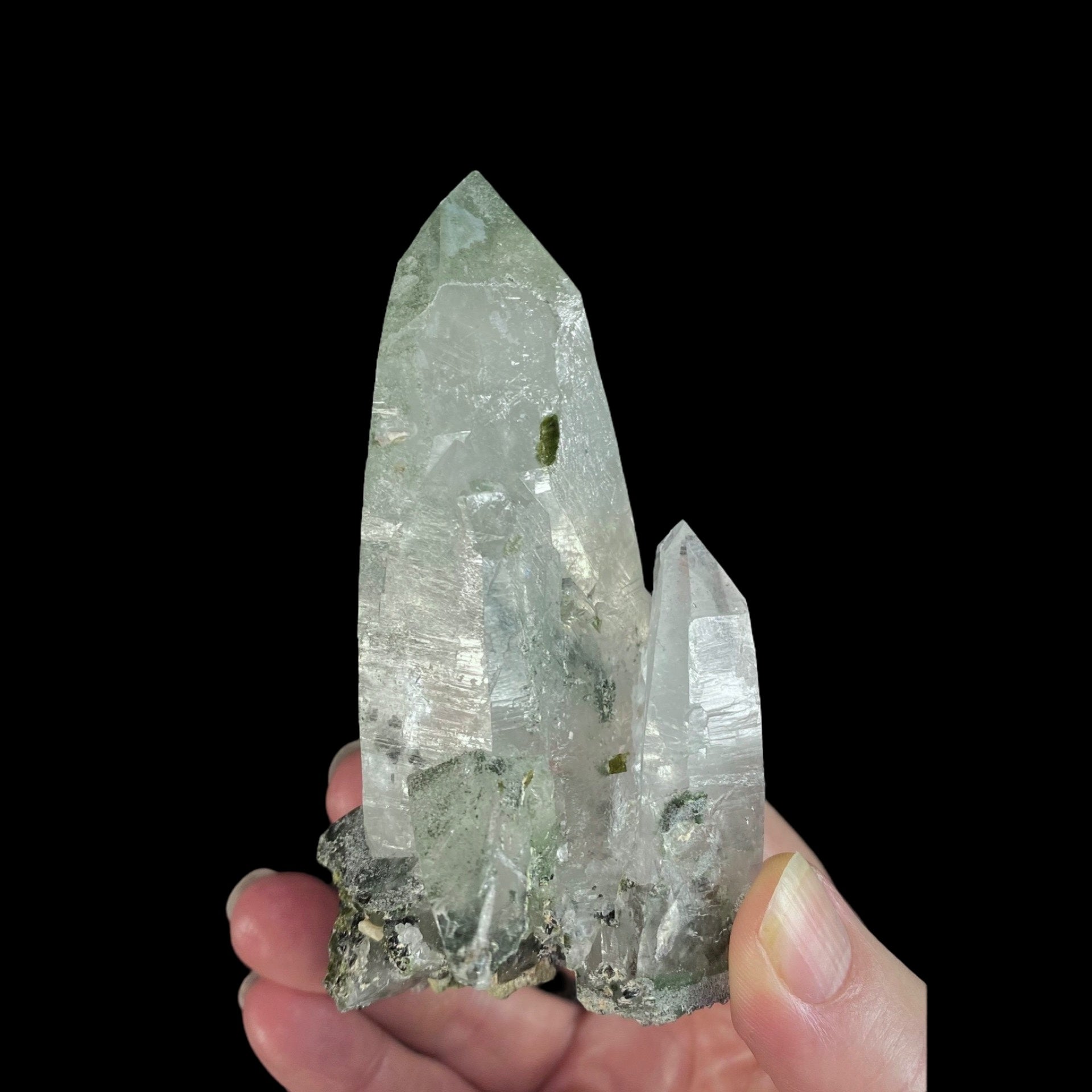 Chlorite Included Trigonal Habit Himalayan Quartz Crystal Cluster with Epidote Crystals, Hashupi, Pakistan