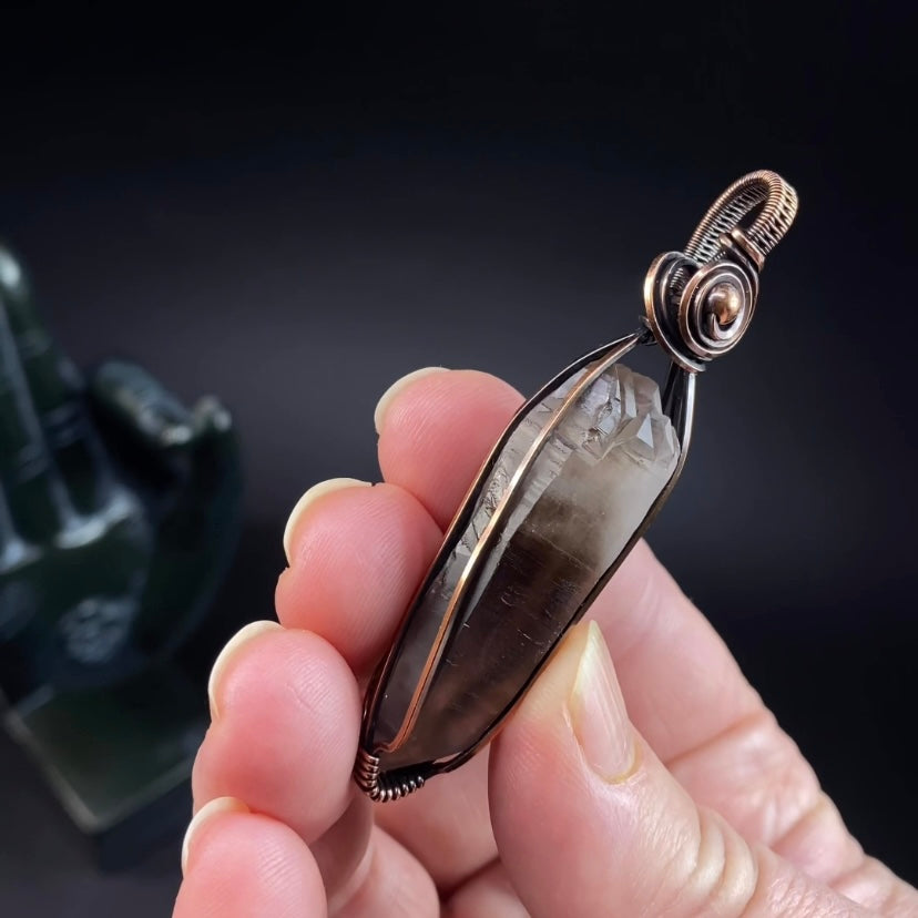 Double Terminated Elestial Smoky Quartz & Copper Wire Wrapped Handmade Pendant