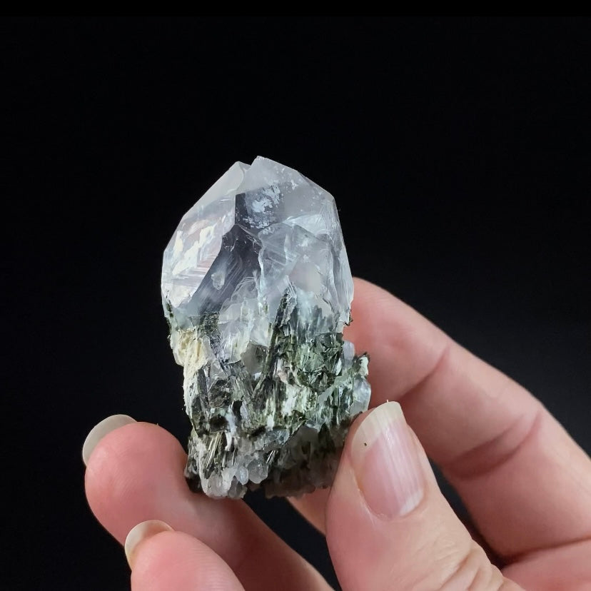 Quartz Crystal with Dark Green Epidote Crystals and Twin Terminations