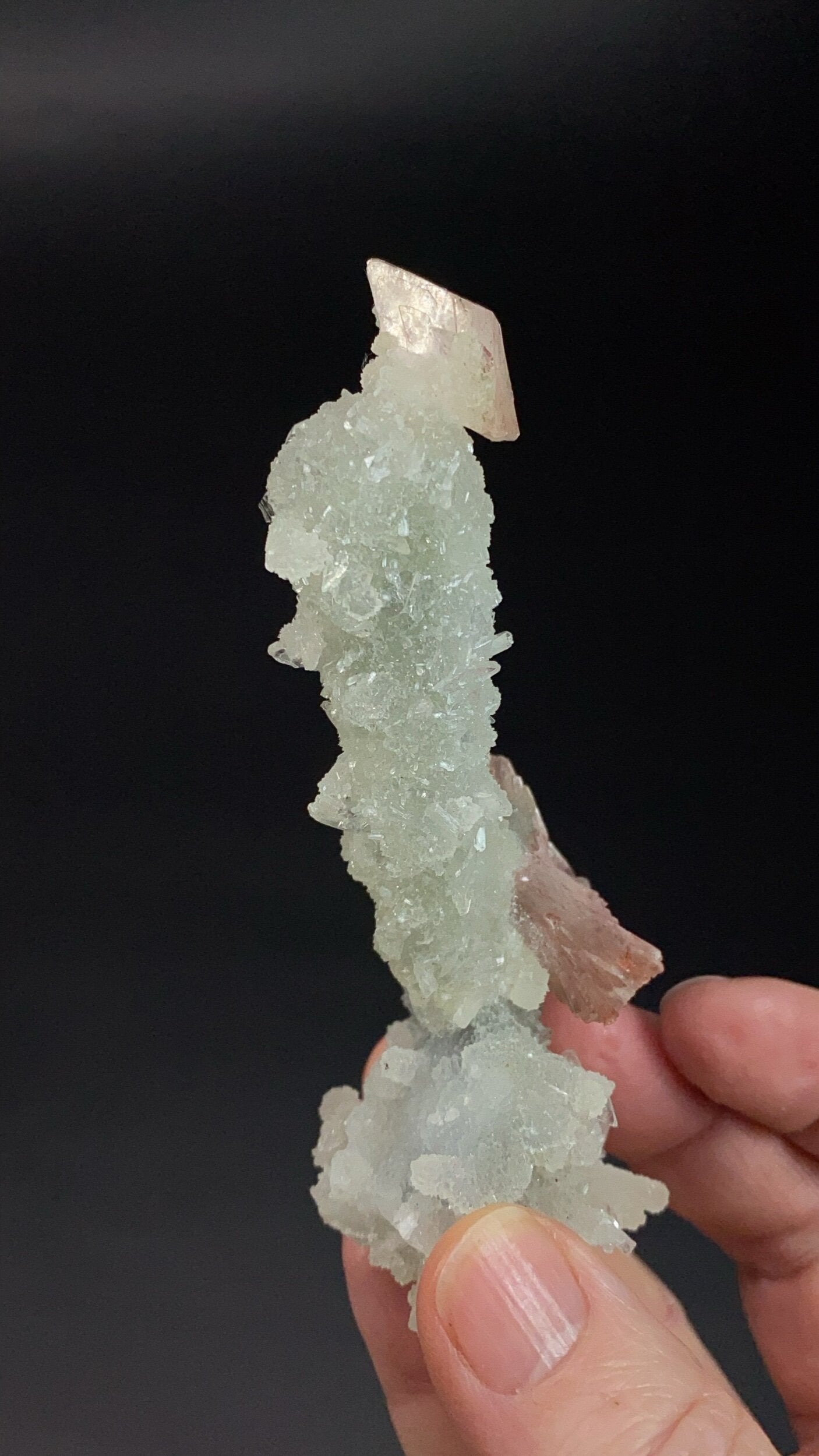 Clear Apophyllite, Pink Heulandite & Calcite Stalactite Formation Cluster