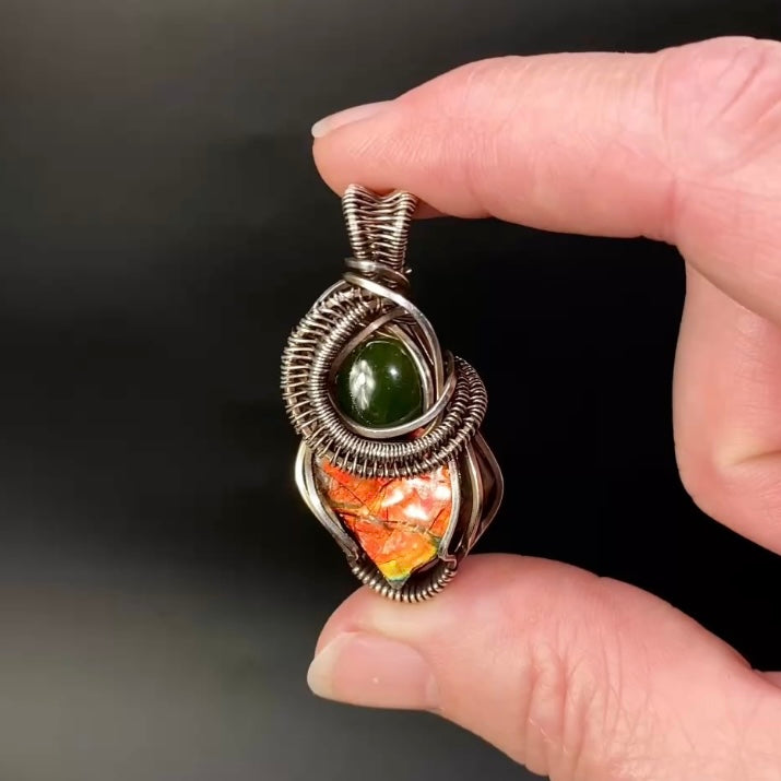 Canadian Ammolite with Nephrite Jade Accent Wire Wrapped Pendant in Sterling Silver Wire