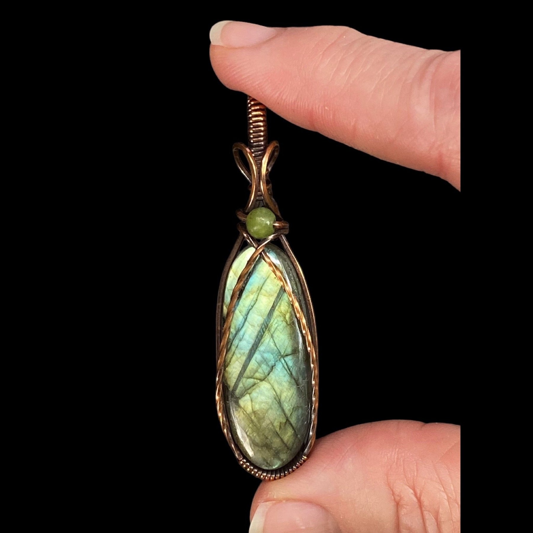 Labradorite & Copper Wire Wrapped Pendant with Nephrite Jade Accent Bead