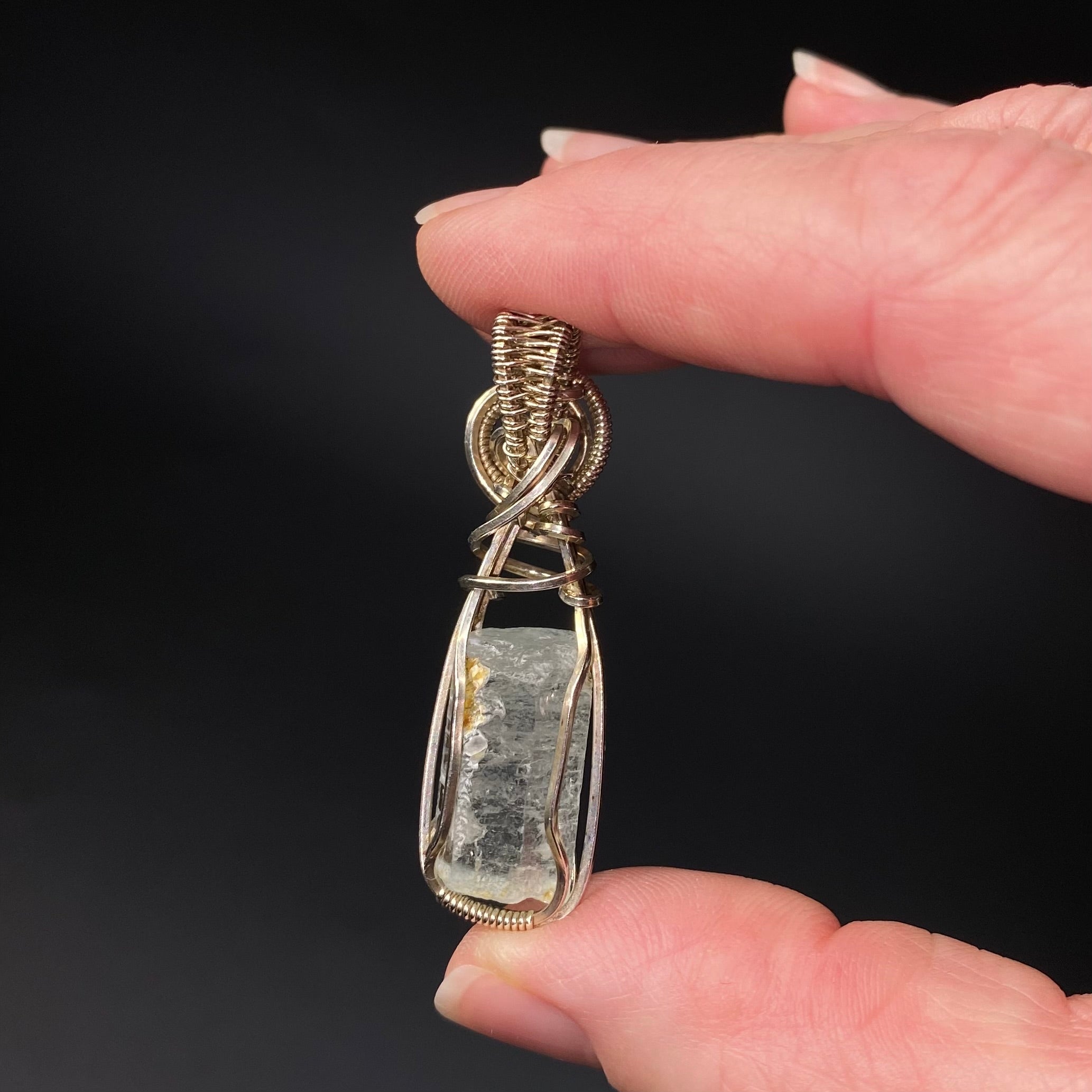 Aquamarine Crystal & Sterling Silver Handmade Wire Wrapped Pendant