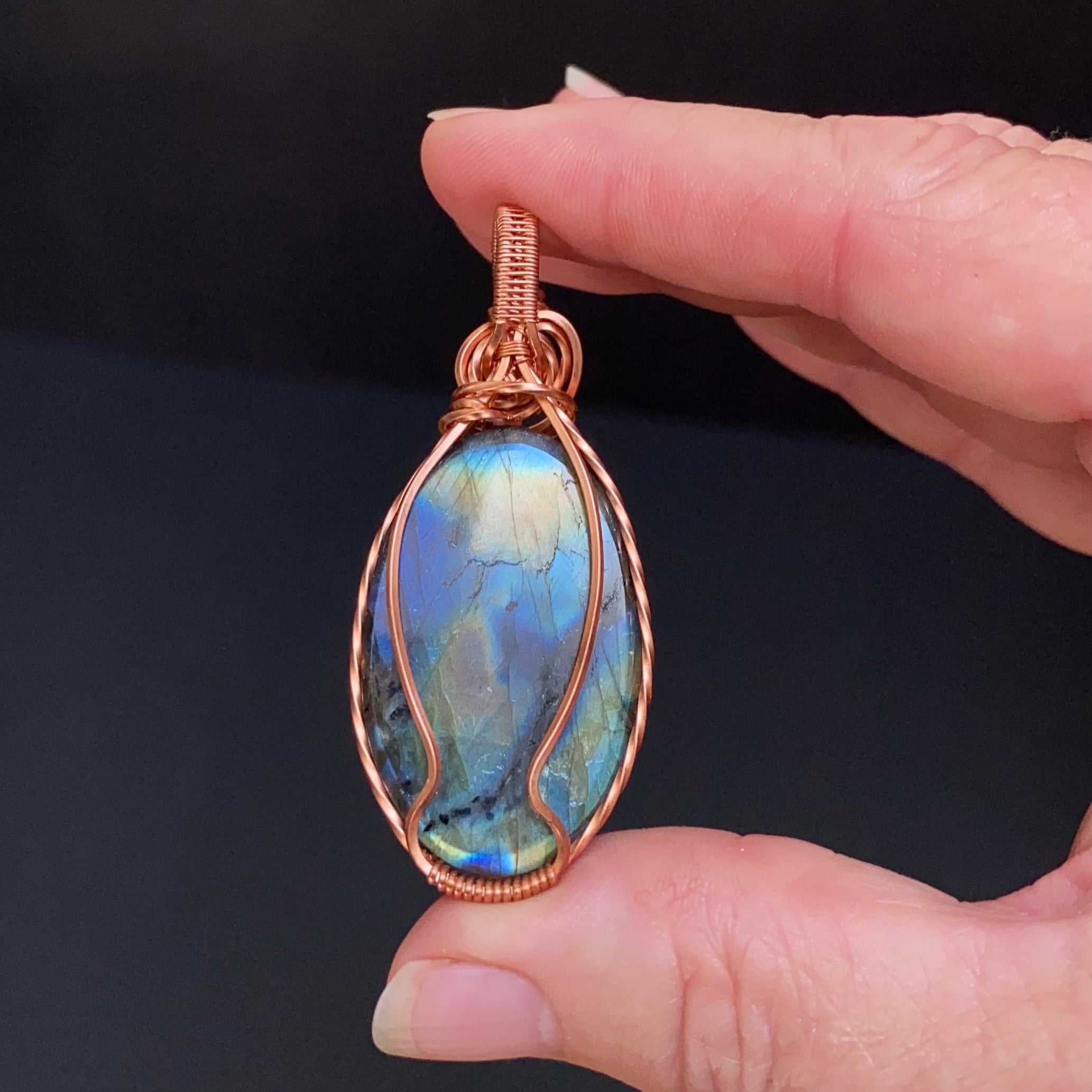 Blue Flash Labradorite & Raw Copper Wire Wrapped Pendant