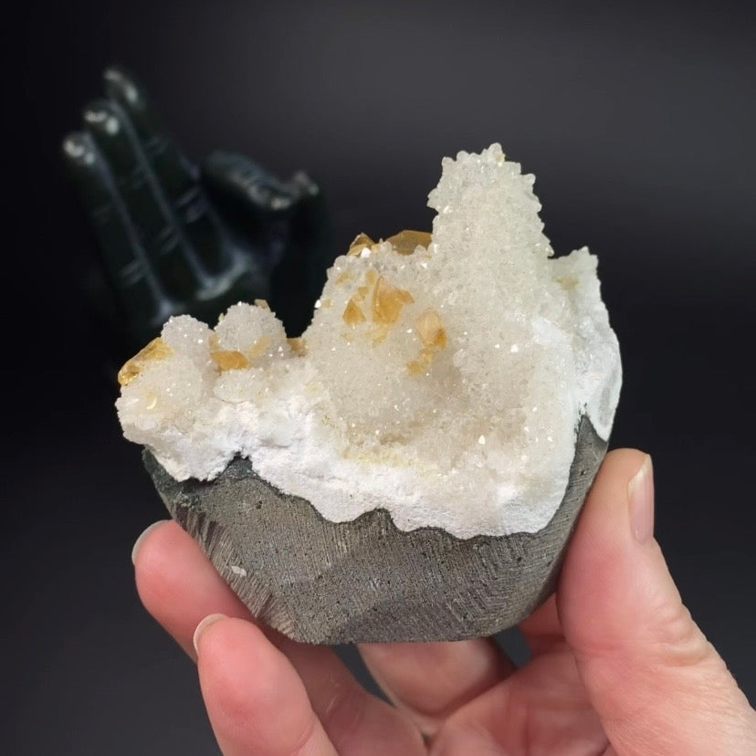 Phosphorescent Golden Honey Calcite Crystals on Druzy Quartz in Basalt Pocket
