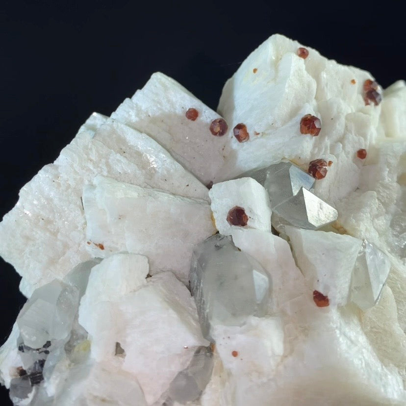Red Spessartine Garnet Crystals with Quartz and Feldspar