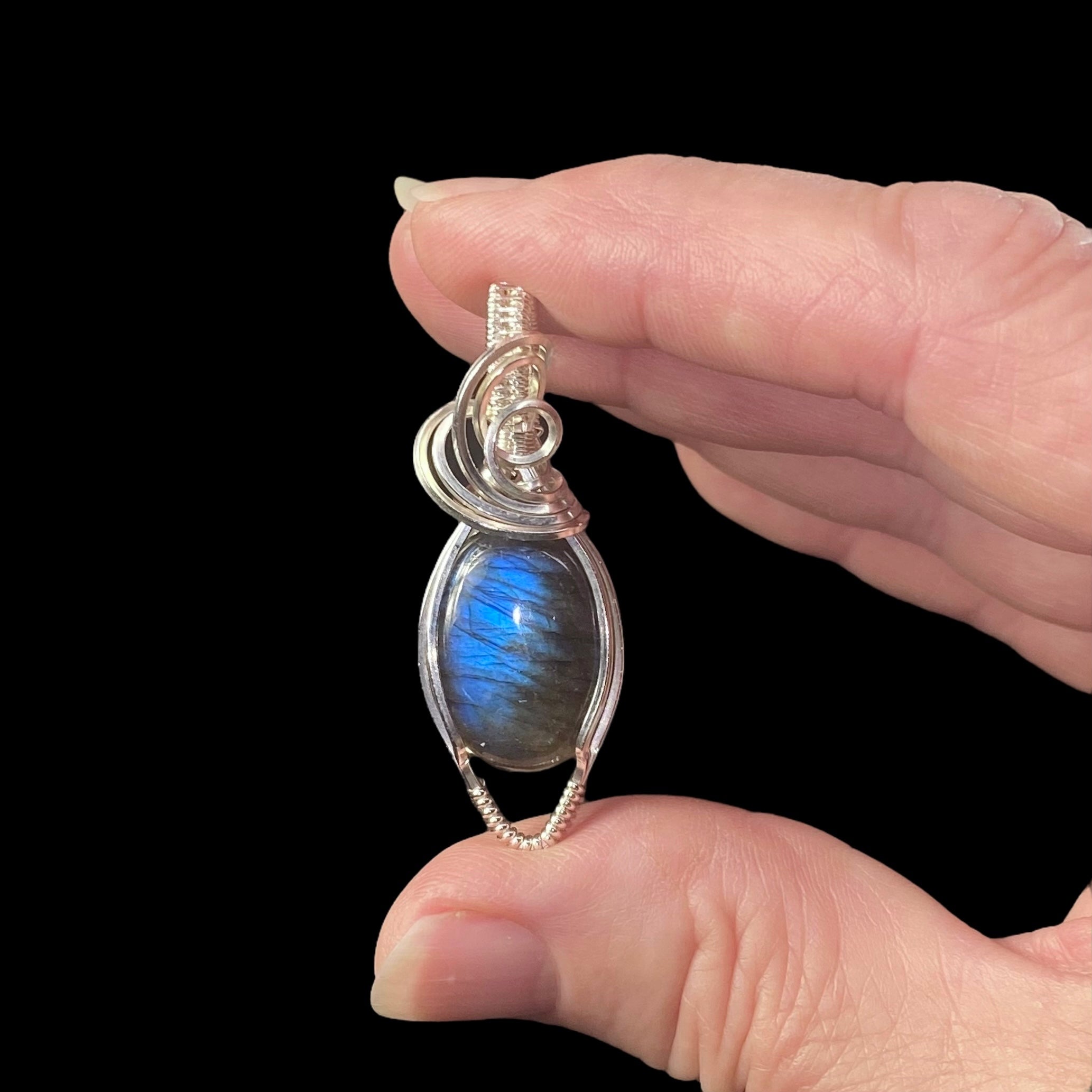 Blue Flash Labradorite and Sterling Silver Wire Wrapped Pendant, Natural Stone Crystal Jewelry