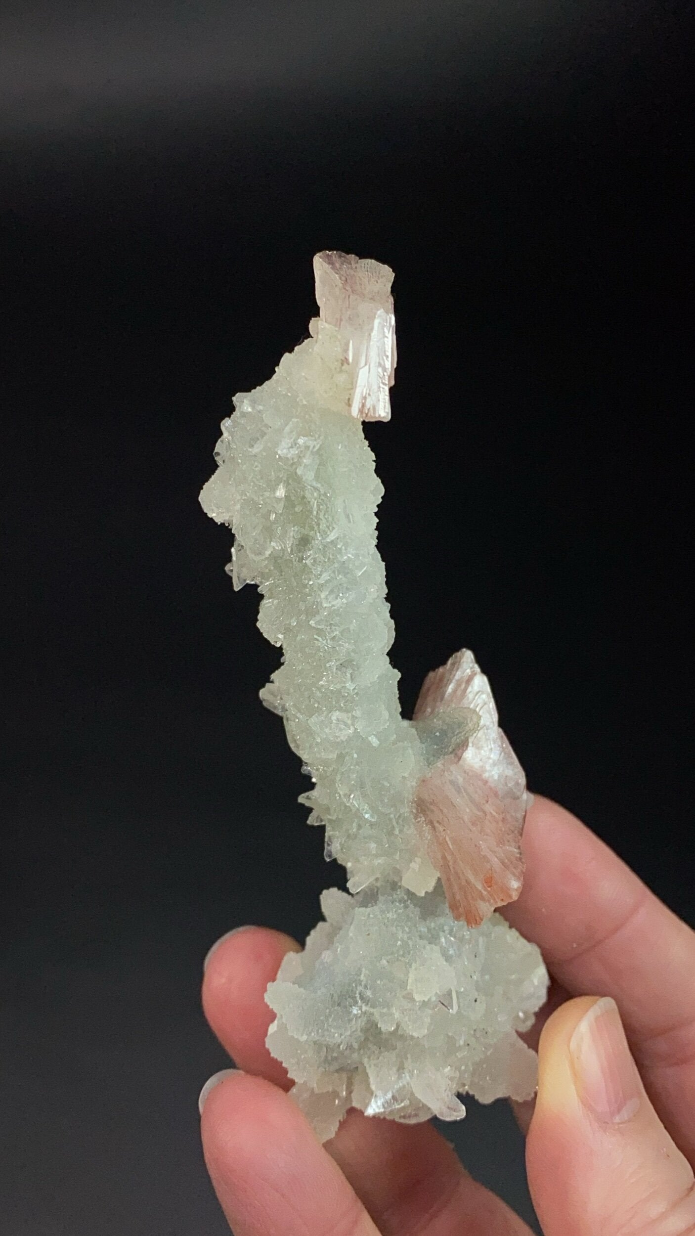 Clear Apophyllite, Pink Heulandite & Calcite Stalactite Formation Cluster