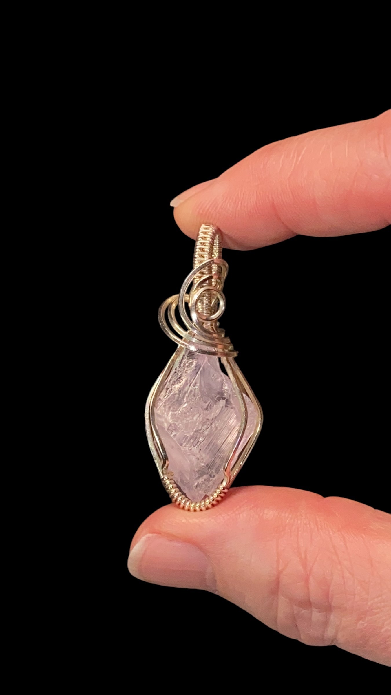 Fluorescent Spodumene Kunzite & Sterling Silver Wire Wrapped Pendant