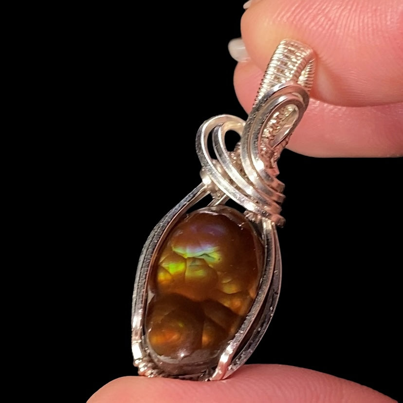 Mexican Fire Agate & Sterling Silver Wire Wrapped Pendant