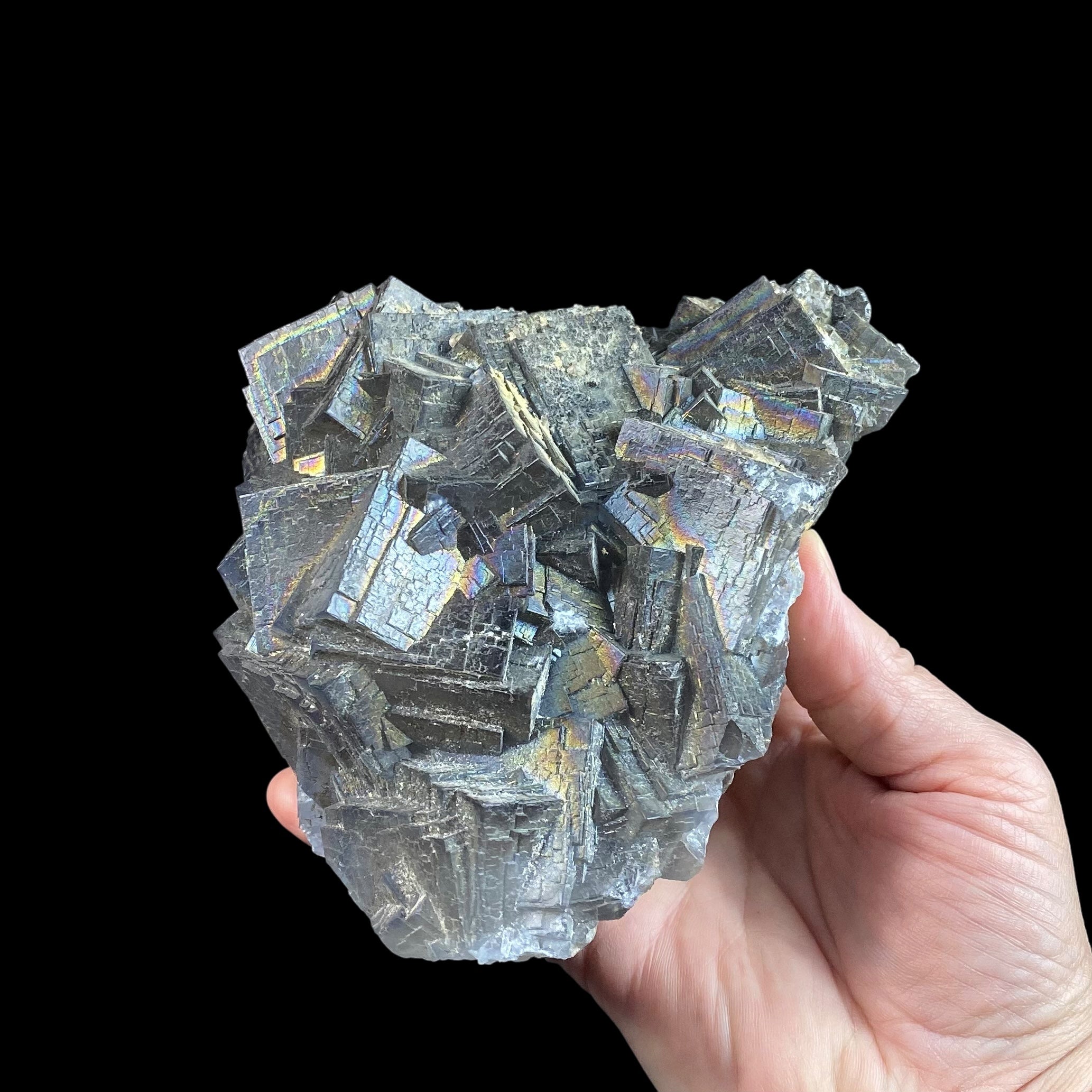 Blue and Purple Cubic Fluorite Cluster with Rainbow Iridescent Iron Oxide Surface