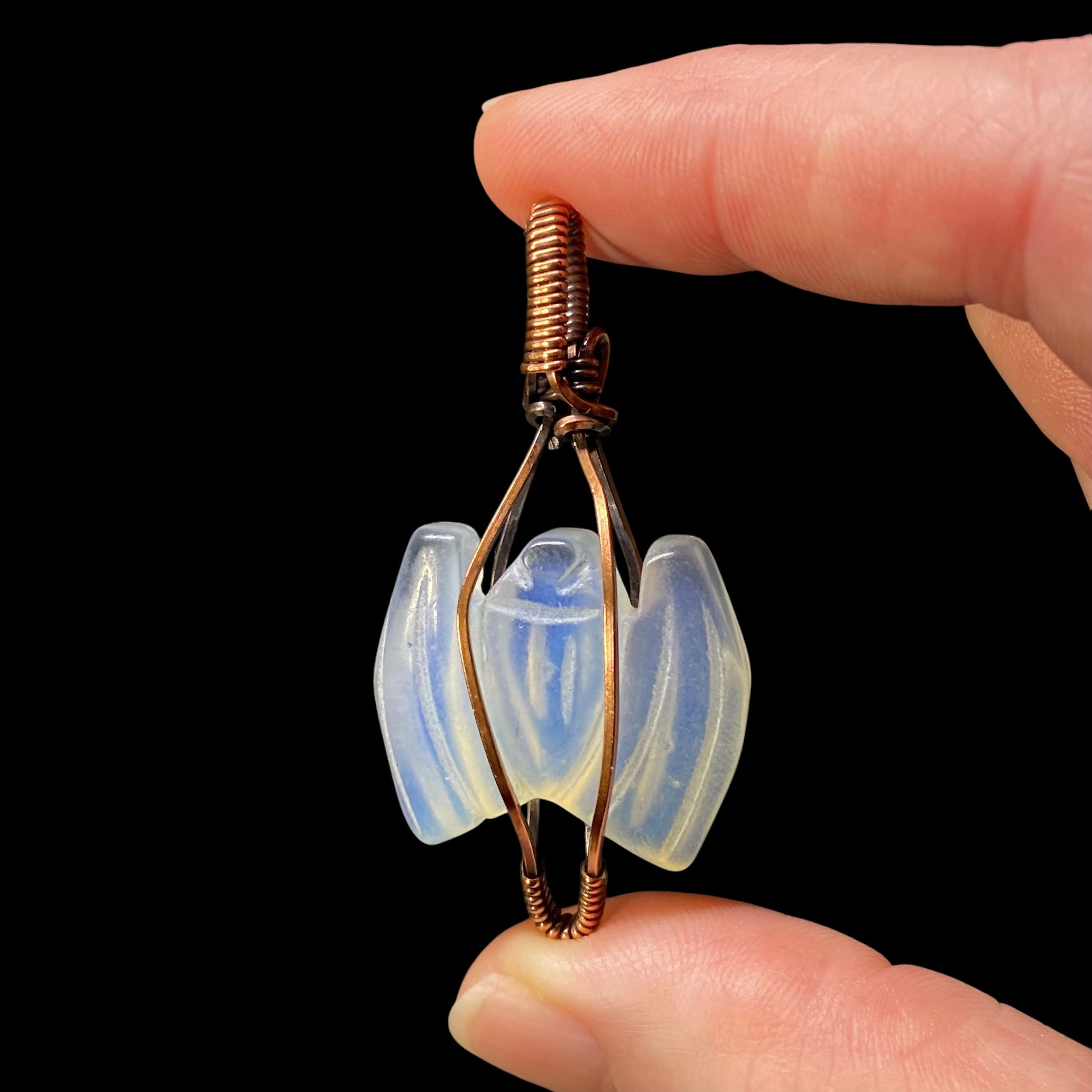 Opalite Carved Bat and Copper Wire Wrapped Pendant