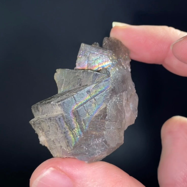 Blue and Gray Cubic Fluorite Cluster with Rainbow Iridescent Iron Oxide Surface
