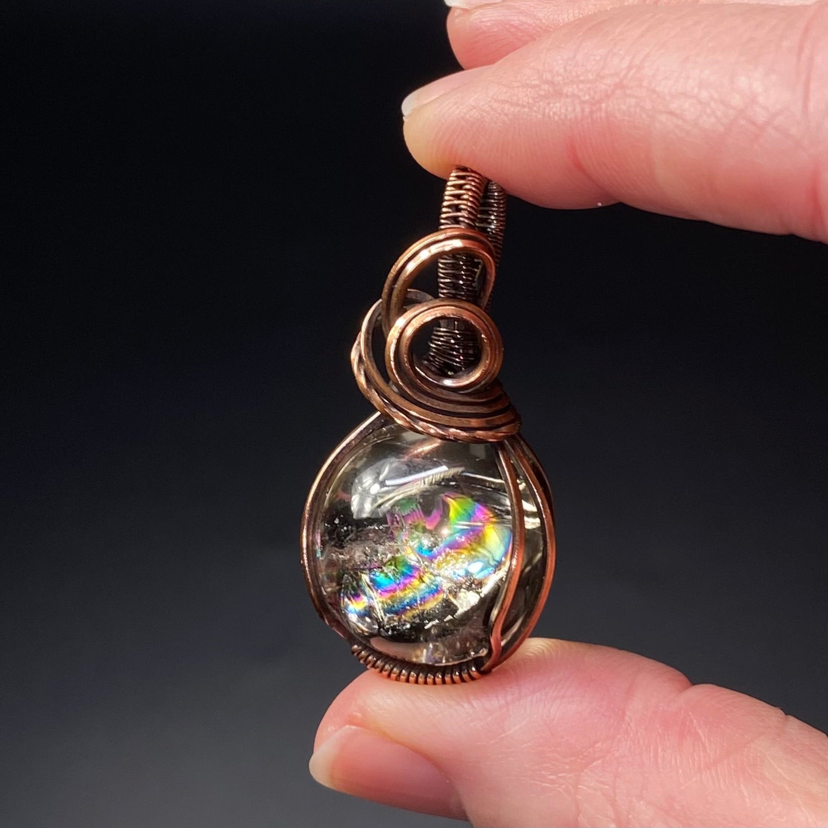 Rainbow Filled Smoky Quartz Sphere and Copper Handmade Wire Wrapped Pendant