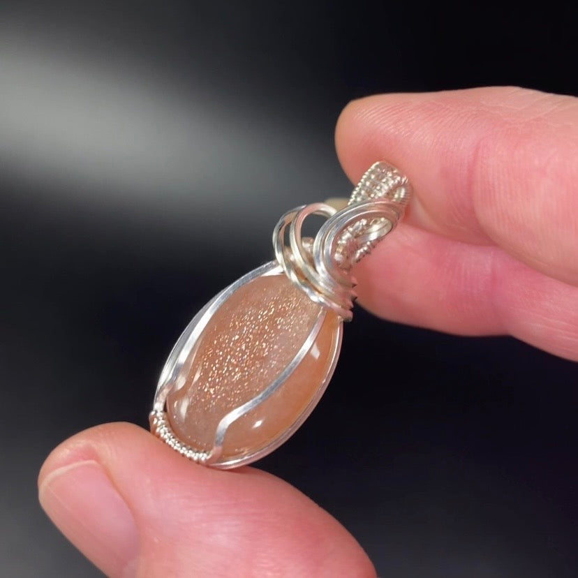 Sunstone in Moonstone & Tarnish Resistant Argentium Silver Handmade Wire Wrapped Pendant