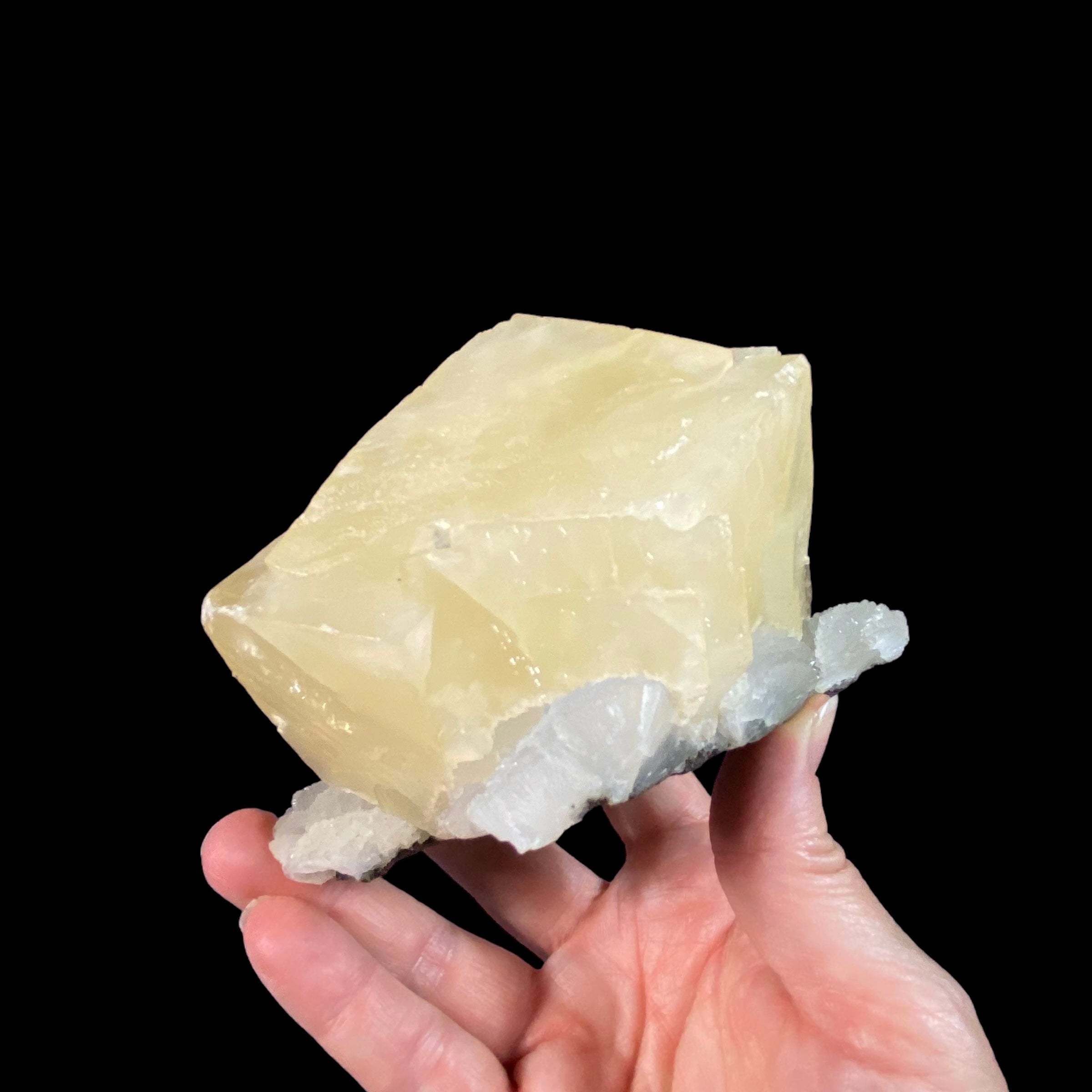 Yellow Rhombic Calcite Cluster with Chalcedony on Basalt Matrix Remnant