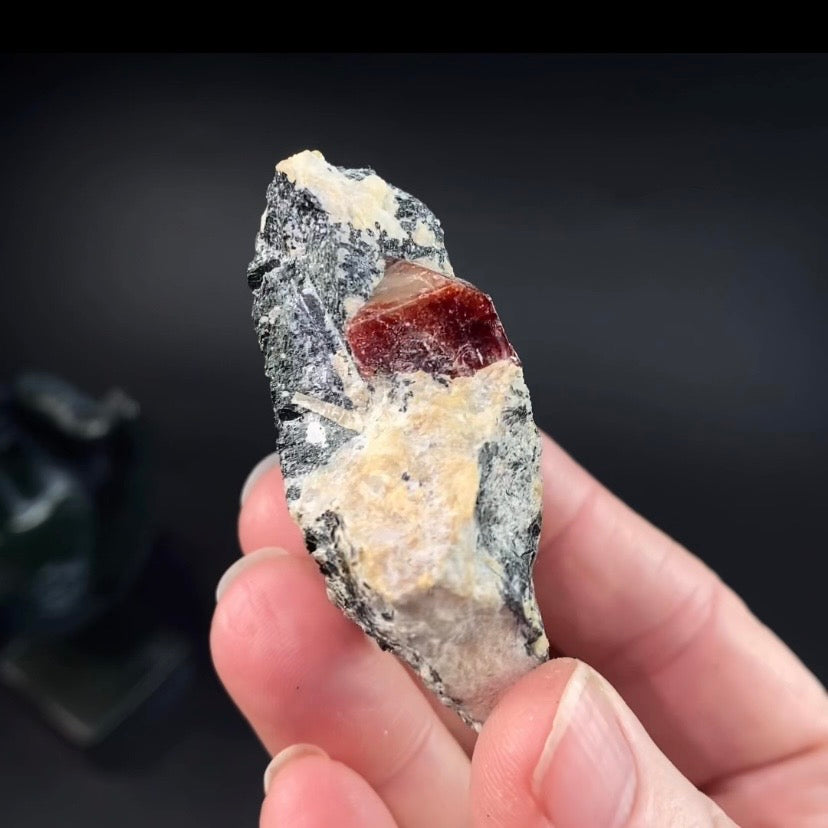 Zircon Crystal with Fluorescent Apatite Inclusions, Biotite-Calcite Aegirine matrix, Astore Valley, Pakistan