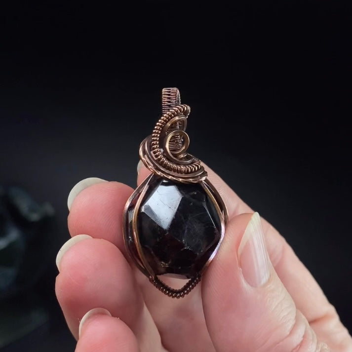 Polished Almandine Garnet and Copper Wire Wrapped Pendant