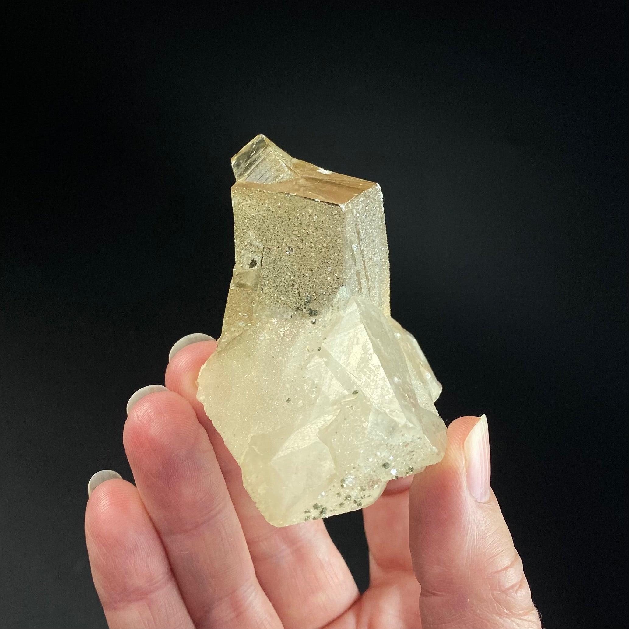 Golden Calcite Crystal Cluster with Druzy Clear Apophyllite