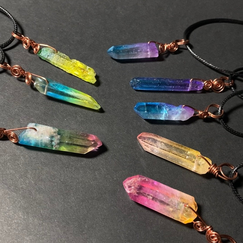 Raw Aura Quartz Crystal & Copper Simple Wire Wrapped Pendant