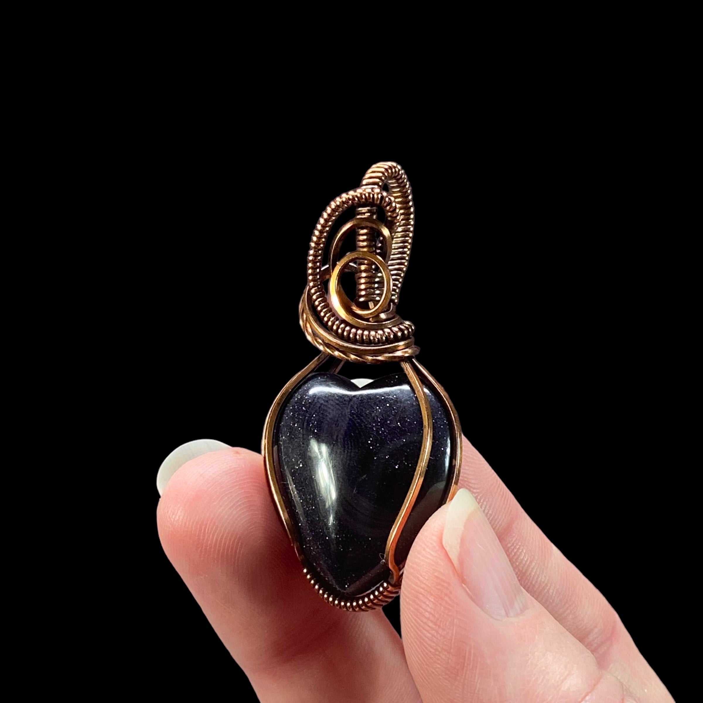 Sparkly Blue Goldstone & Copper Handmade Wire Wrapped Pendant