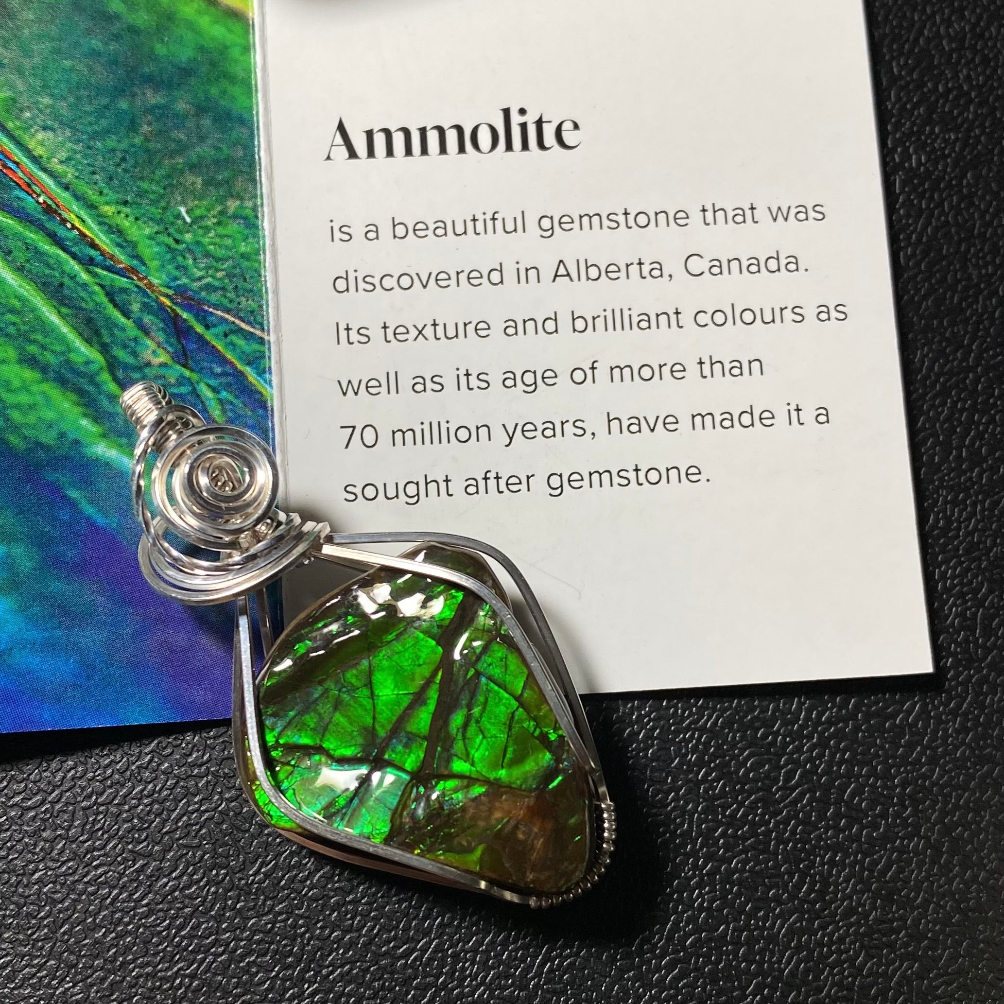 Canadian Ammolite and Sterling Silver Wire Wrapped Pendant