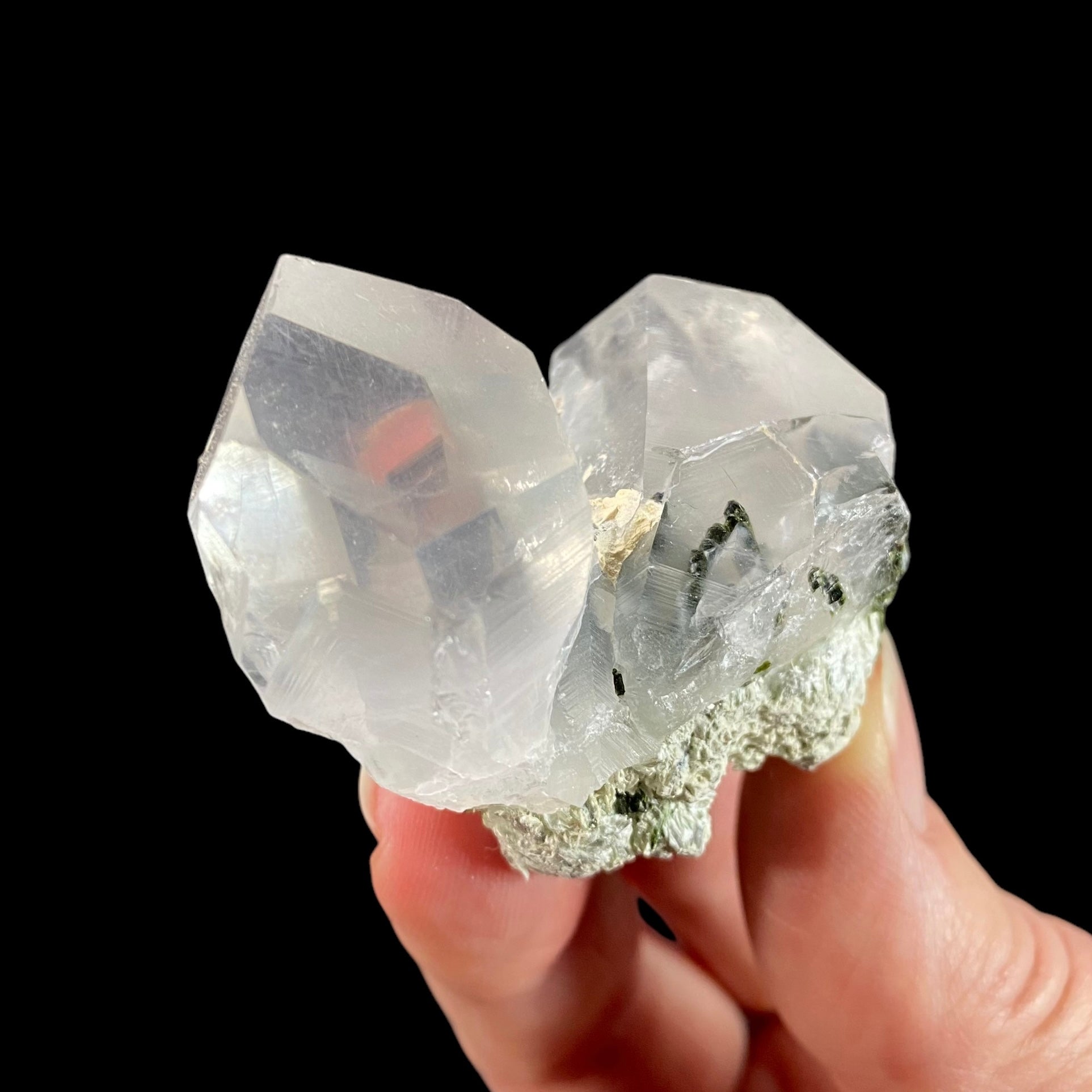 Quartz Crystal Cluster with Dark Green Epidote Crystals & Byssolite