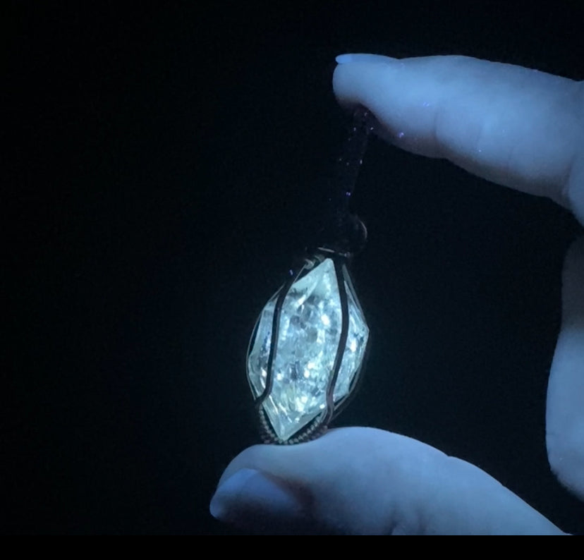 Fluorescent Petroleum Skeletal Fenster Quartz & Copper Wire Wrapped Pendant