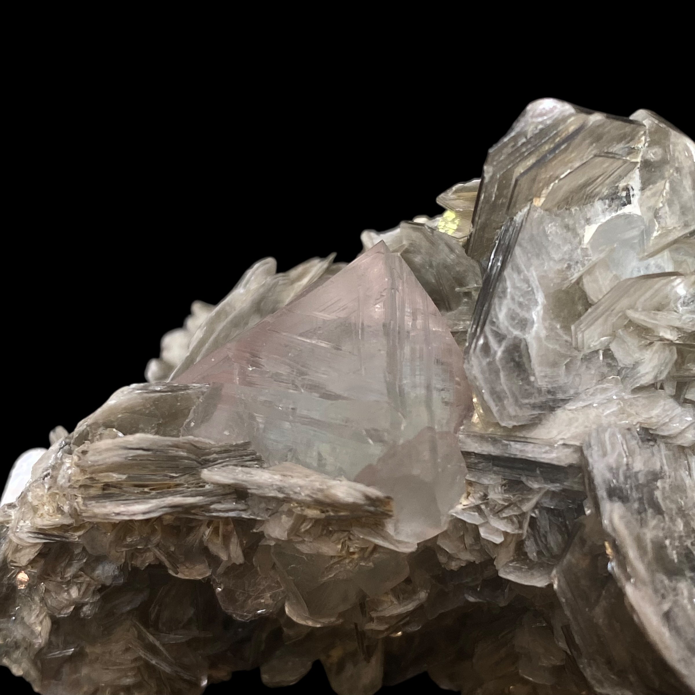 Pink and Green Fluorite Octahedral Crystal in Muscovite Mica from Nagar Valley, Pakistan