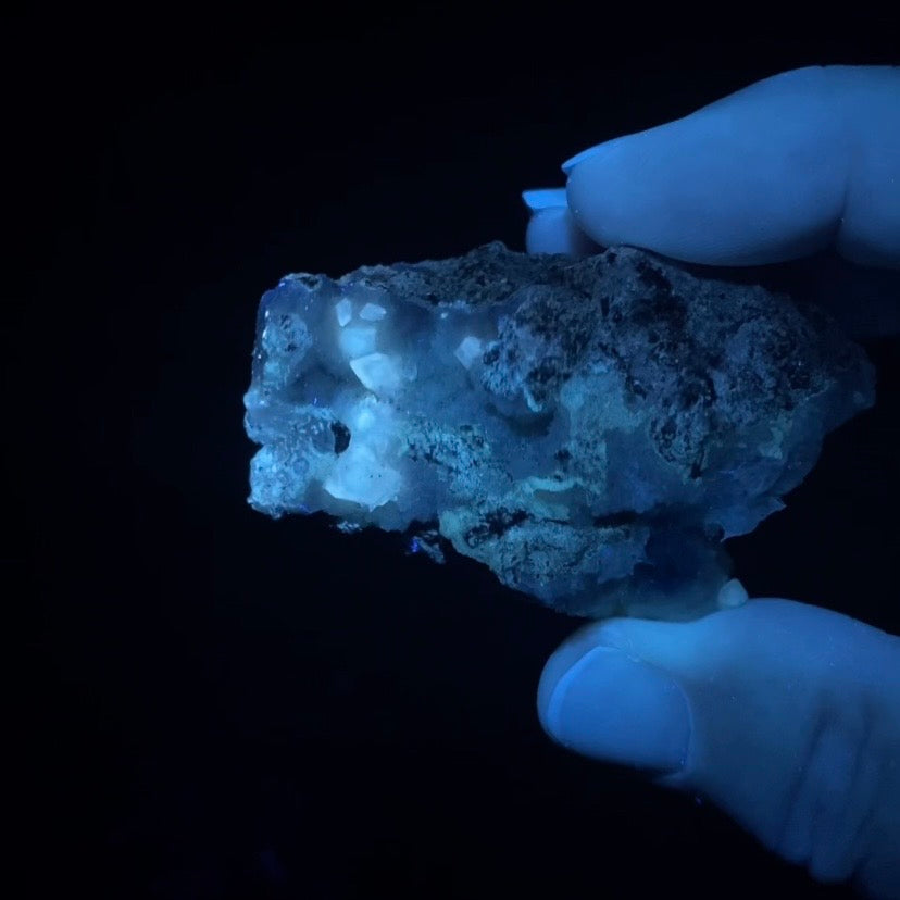 Vibrant Blue Cavansite / Pentagonite Cluster with Phosphorescent Calcite Crystals on Druzy Stilbite Over Basalt Matrix