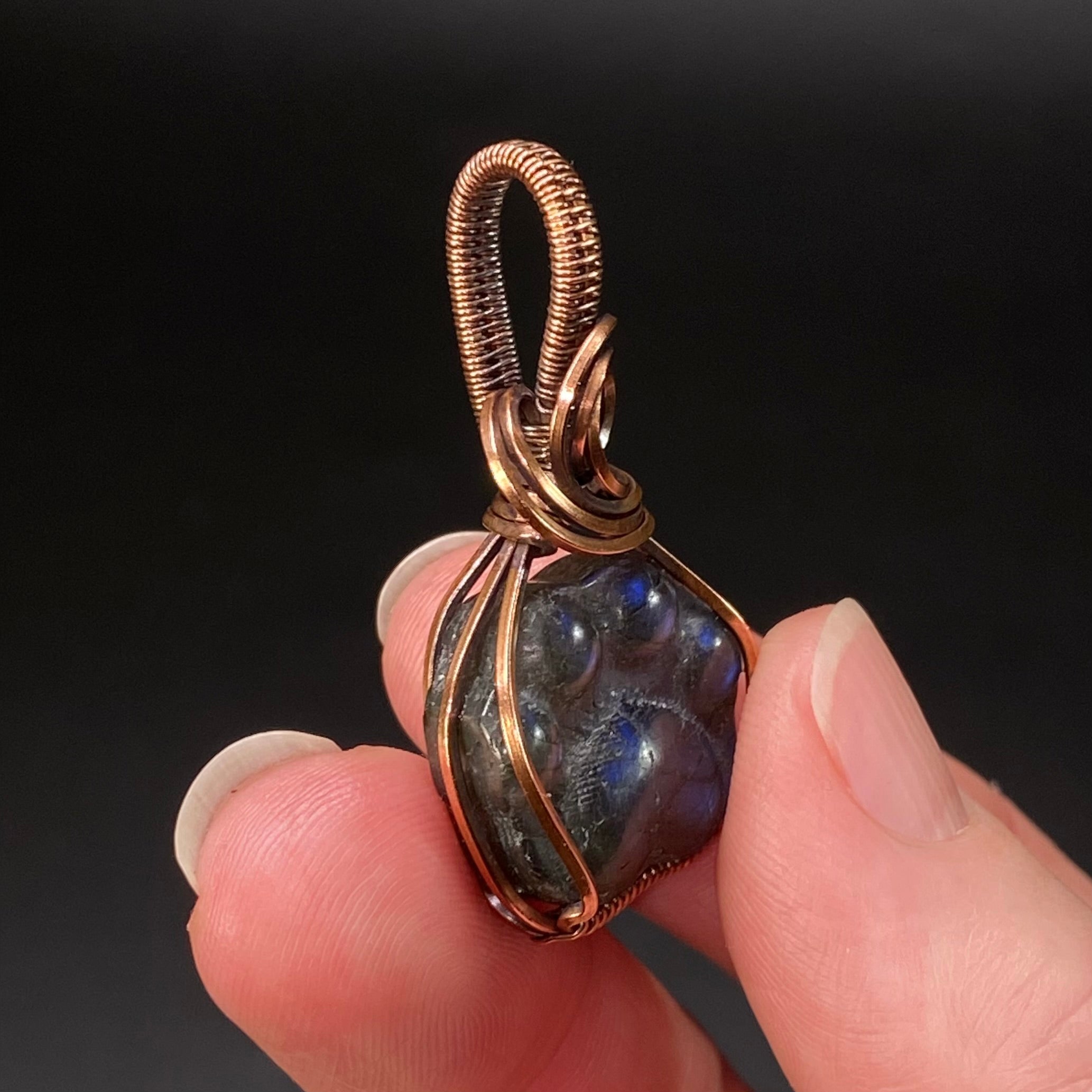 Labradorite Dog or Cat Paw Cabochon and Copper Wire Wrapped Pendant