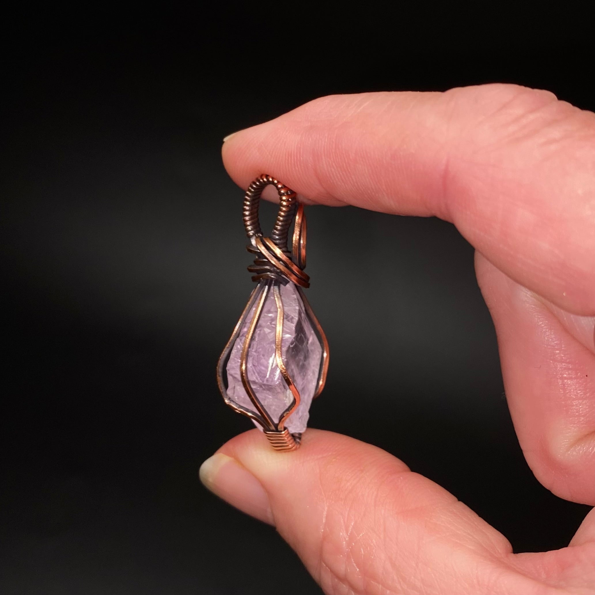Fluorescent Spodumene Kunzite & Copper Wire Wrapped Pendant