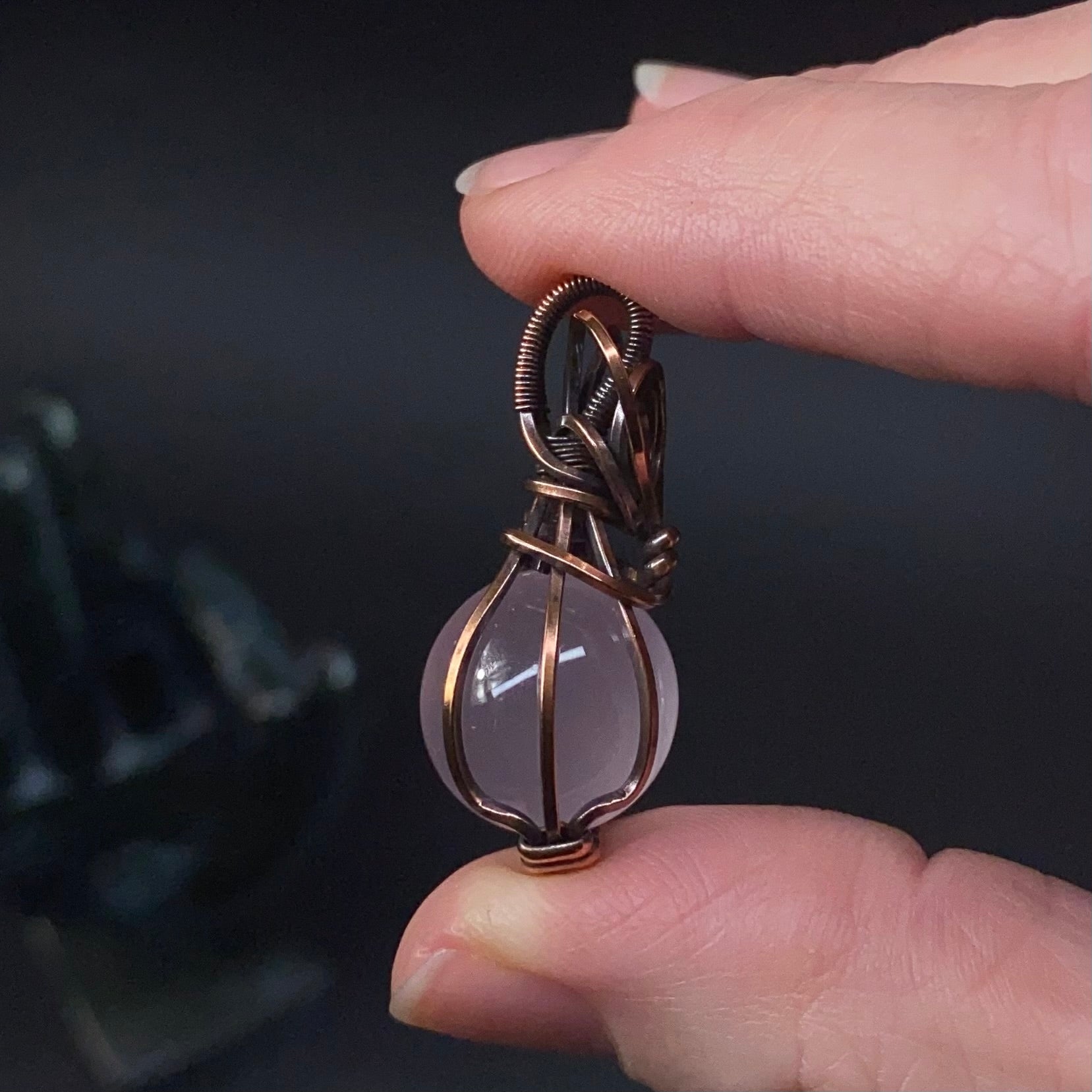 Rose Quartz Sphere and Copper Wire Wrapped Pendant