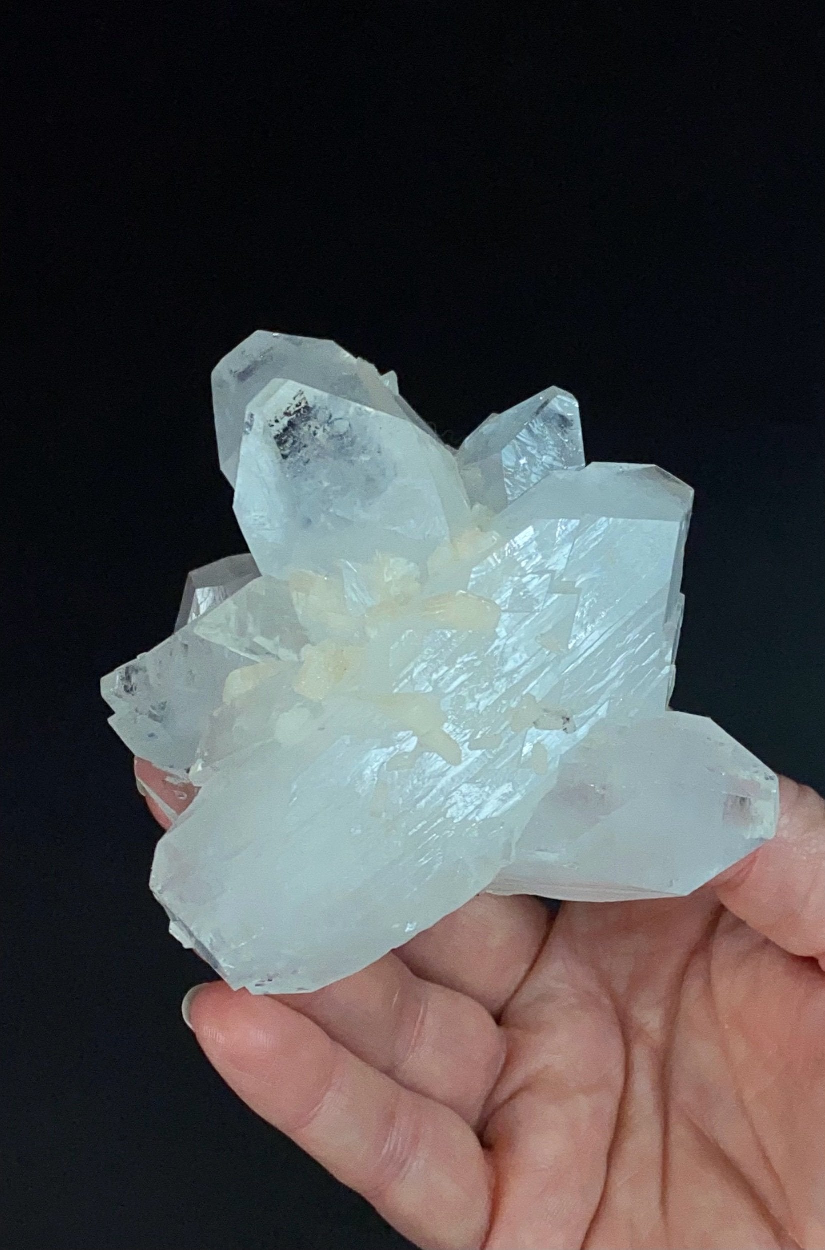 Clear Apophyllite Crystal Cluster with Stilbite & Fluorescent Inclusions, from Jalgaon, Maharashtra, India