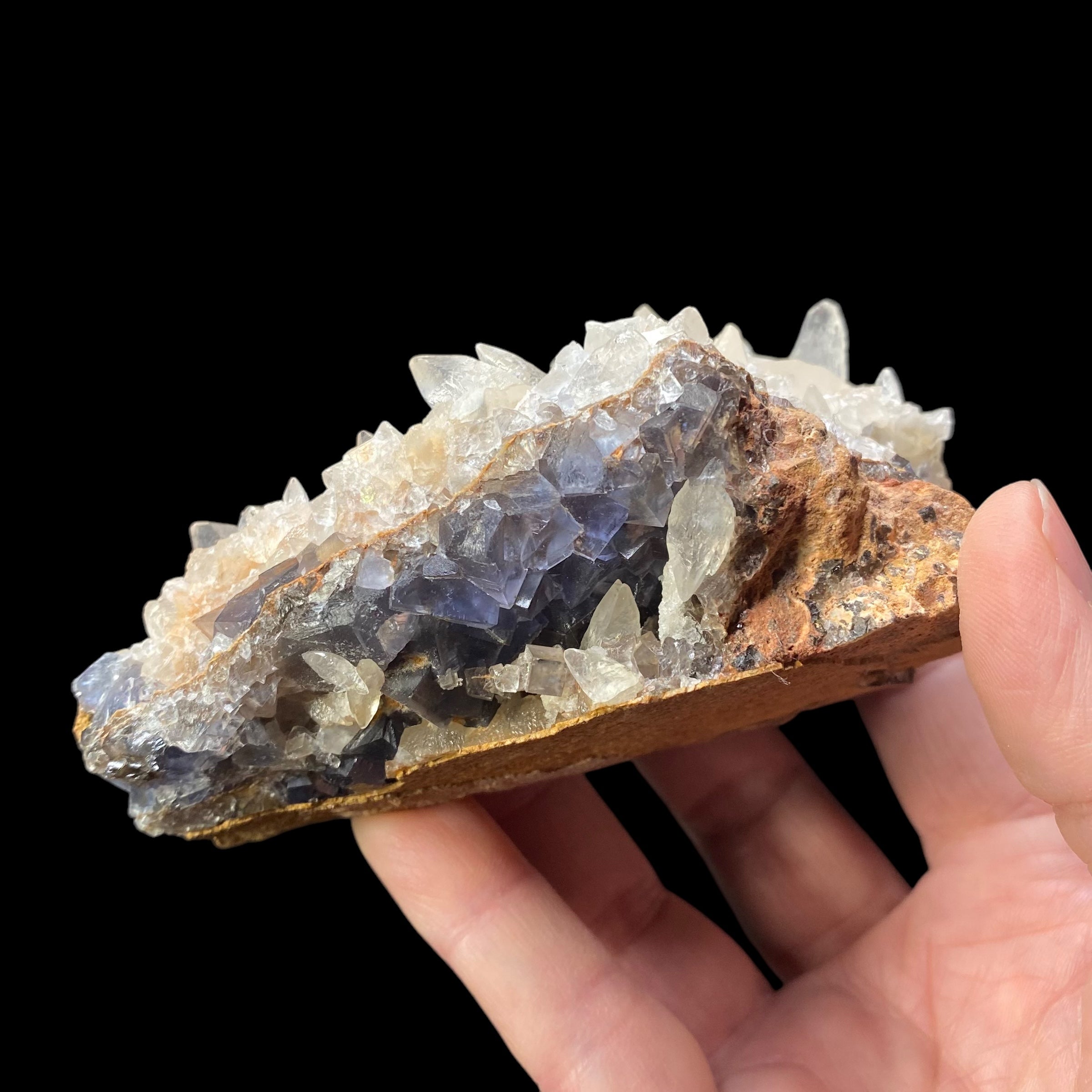 Dog Tooth Calcite on Blue Purple Fluorite Matrix, UV Reactive, Fluorescent