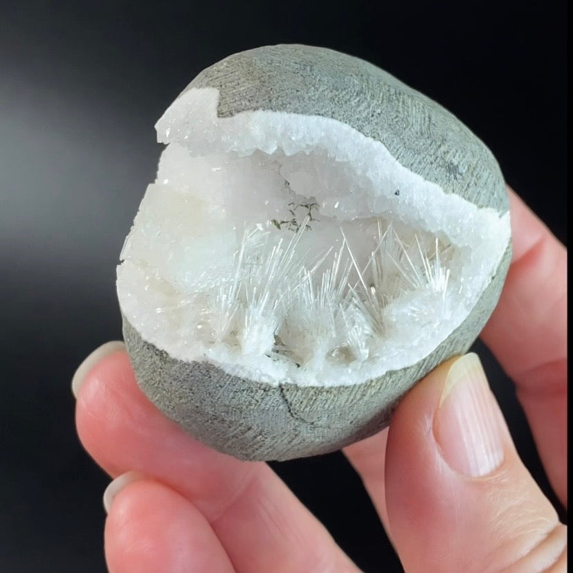 Scolecite Spray with Apophyllite & Stilbite in Trimmed Basalt Geode Pocket