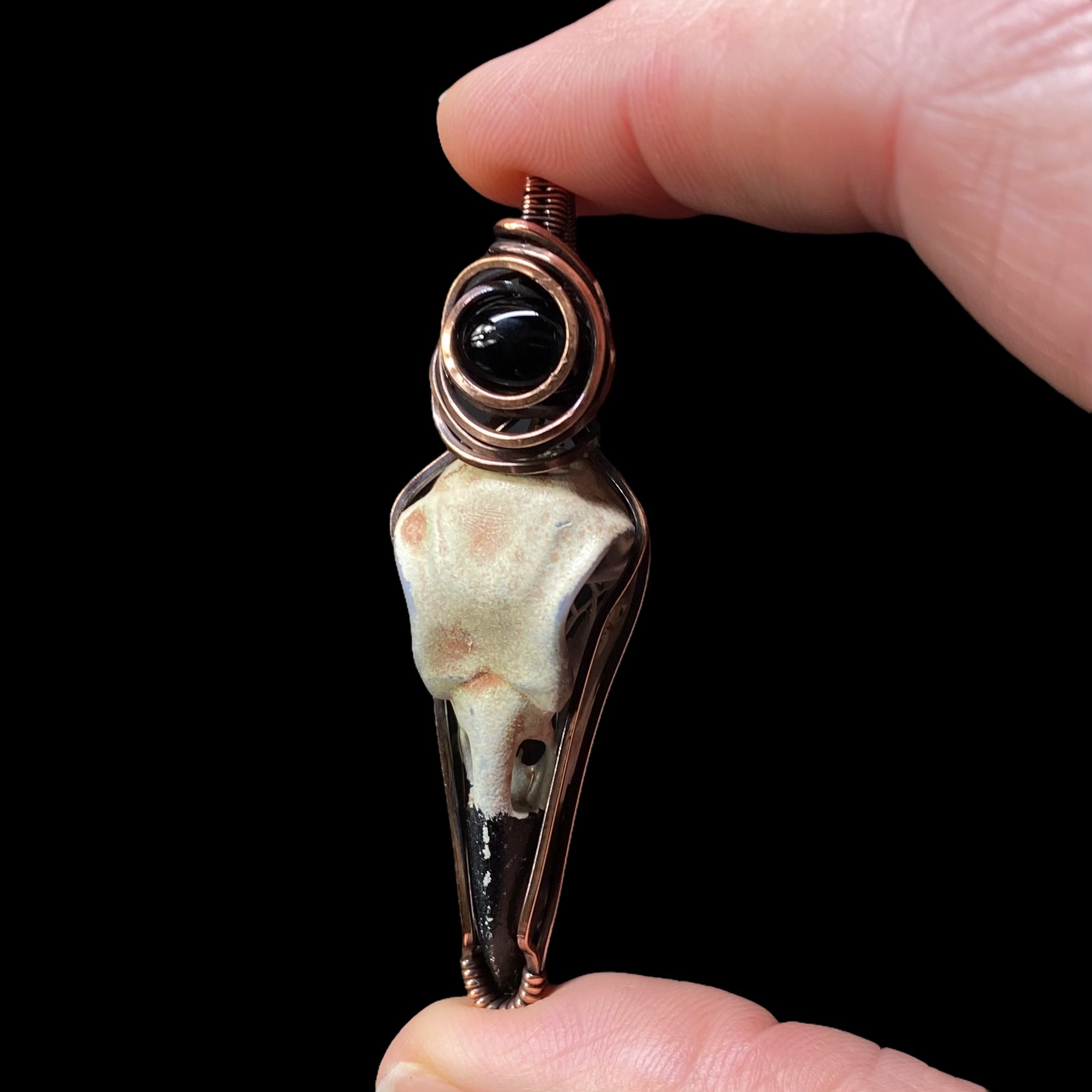 Resin Raven Skull & Copper Wire Wrapped Pendant with Black Onyx Accent Stone