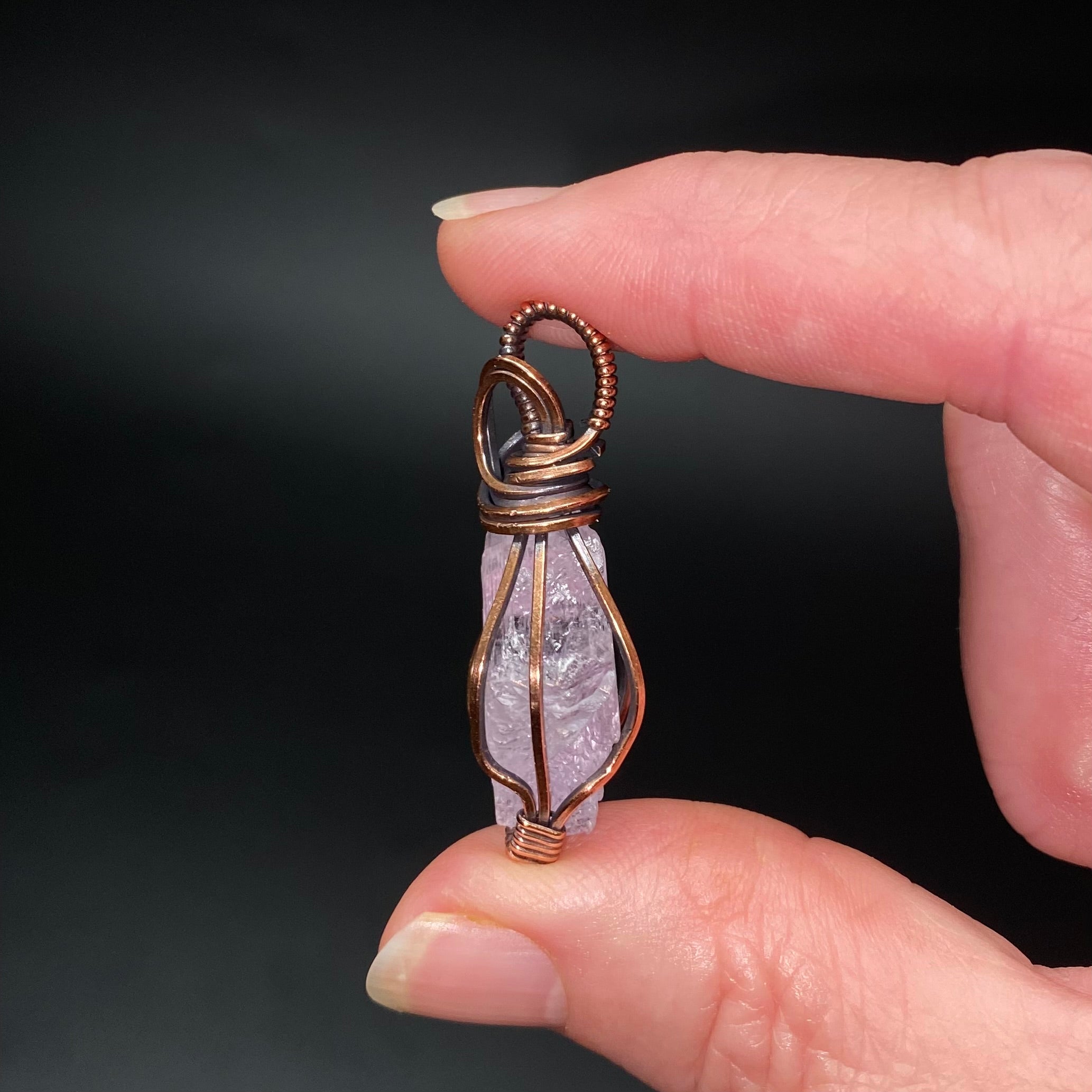 Fluorescent Spodumene Kunzite & Copper Wire Wrapped Pendant