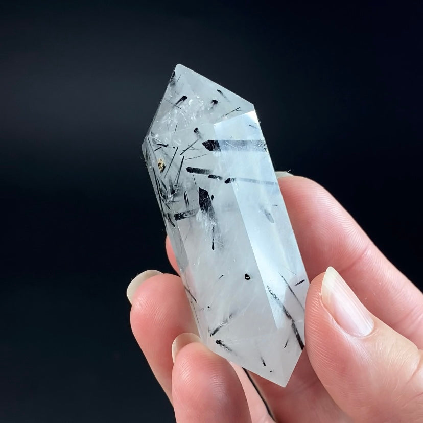 Clear Polished Double Terminated Quartz Crystal with Black Tourmaline Inclusions