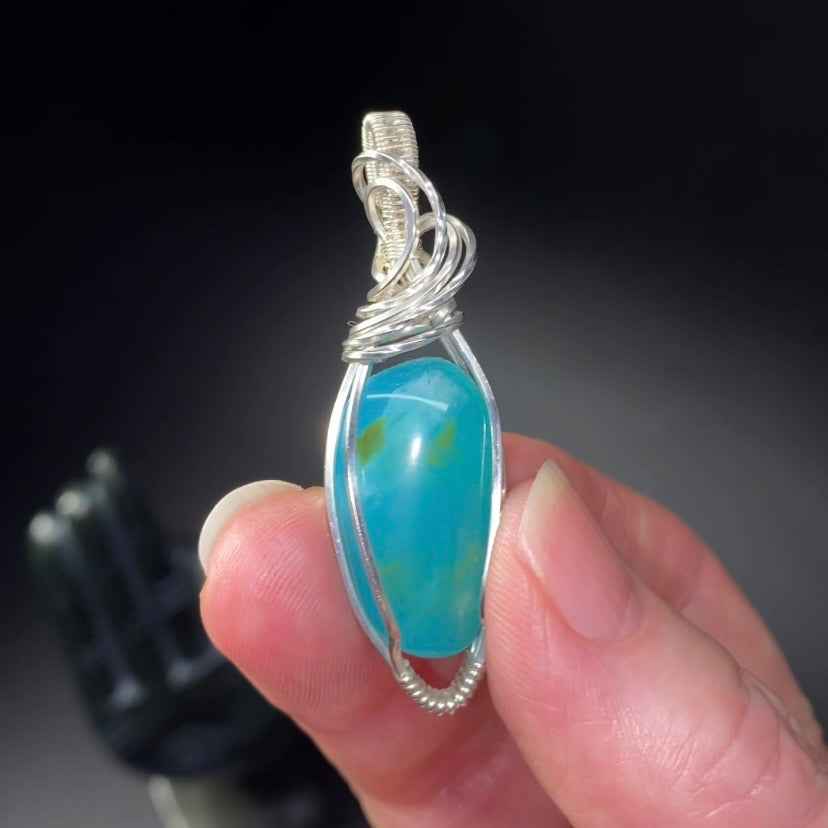 Peruvian Blue Andean Opal & Sterling Silver Wire Wrapped Pendant