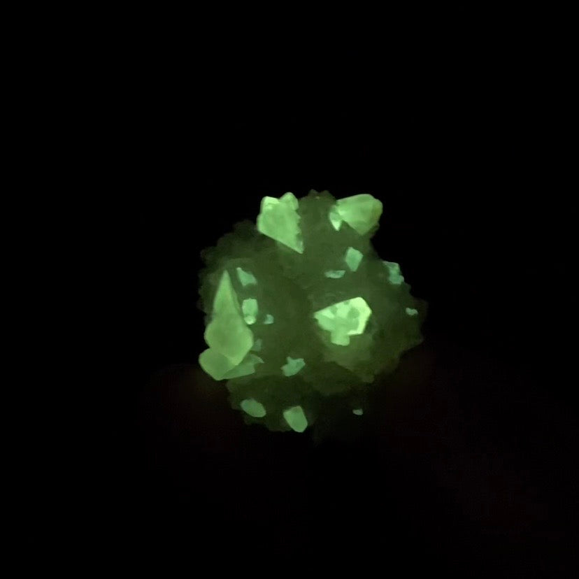 Phosphorescent Golden Feather Calcite Crystals on Druzy Quartz