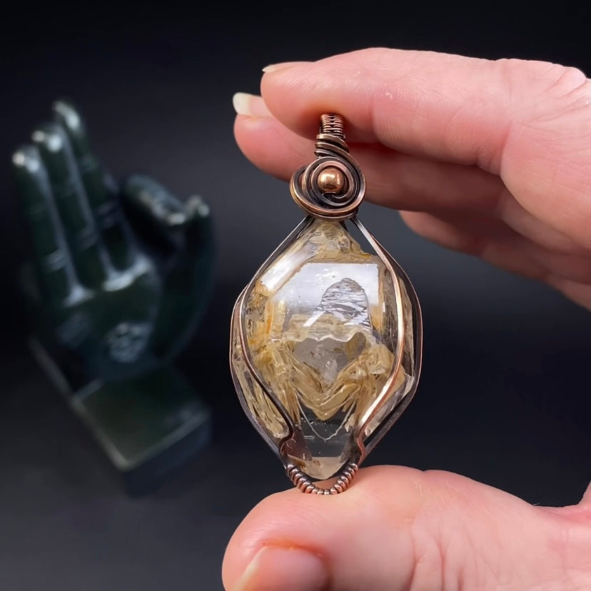 Fluorescent Skeletal Fenster Quartz & Copper Wire Wrapped Pendant