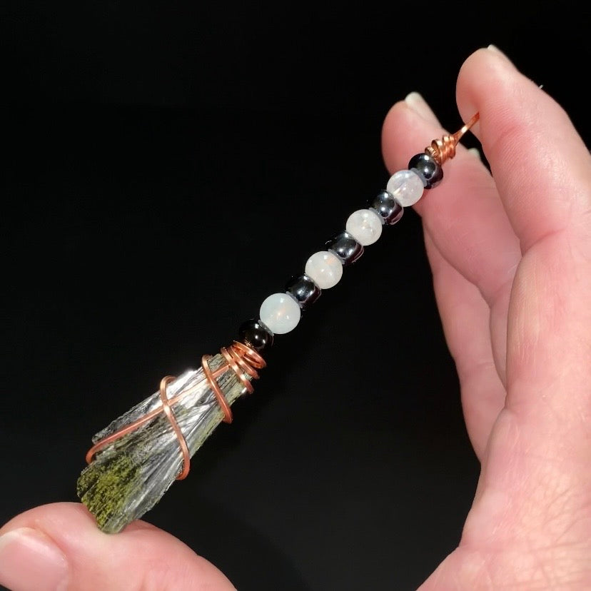 Moonstone, Hematite & Epidote Wire Wrapped Witches Broom Pendant - Ornament for Halloween