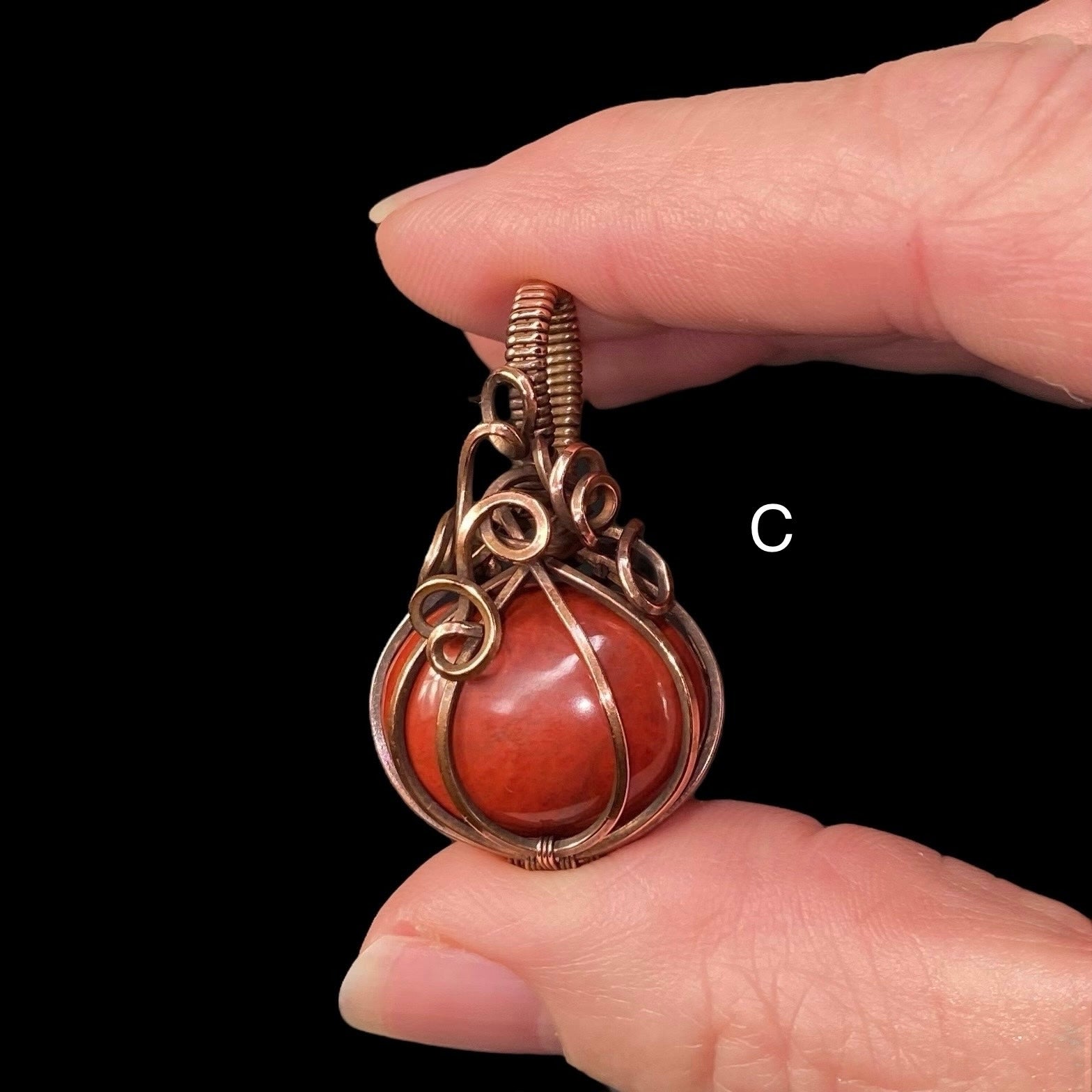 Jasper Pumpkin Wire Wrapped Pendant in Copper, Halloween Jewelry