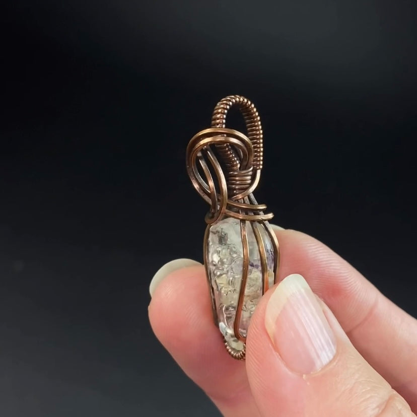 Hyalite Opal with Purple Fluorite Inclusions & Copper Wire Wrapped Pendant