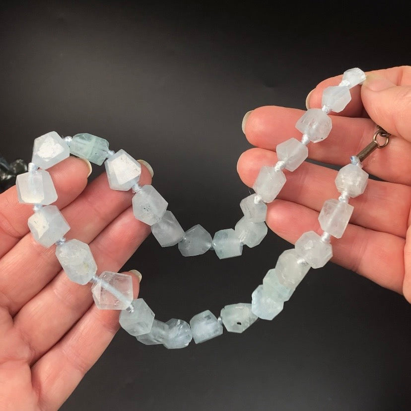 Polished Aquamarine Crystal Knotted Necklace