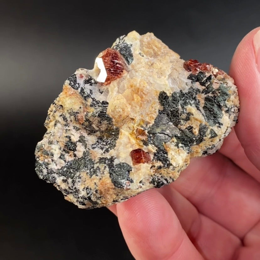 Zircon Crystals with Fluorescent Apatite Inclusions, Biotite-Calcite Aegirine matrix, Astore Valley, Pakistan