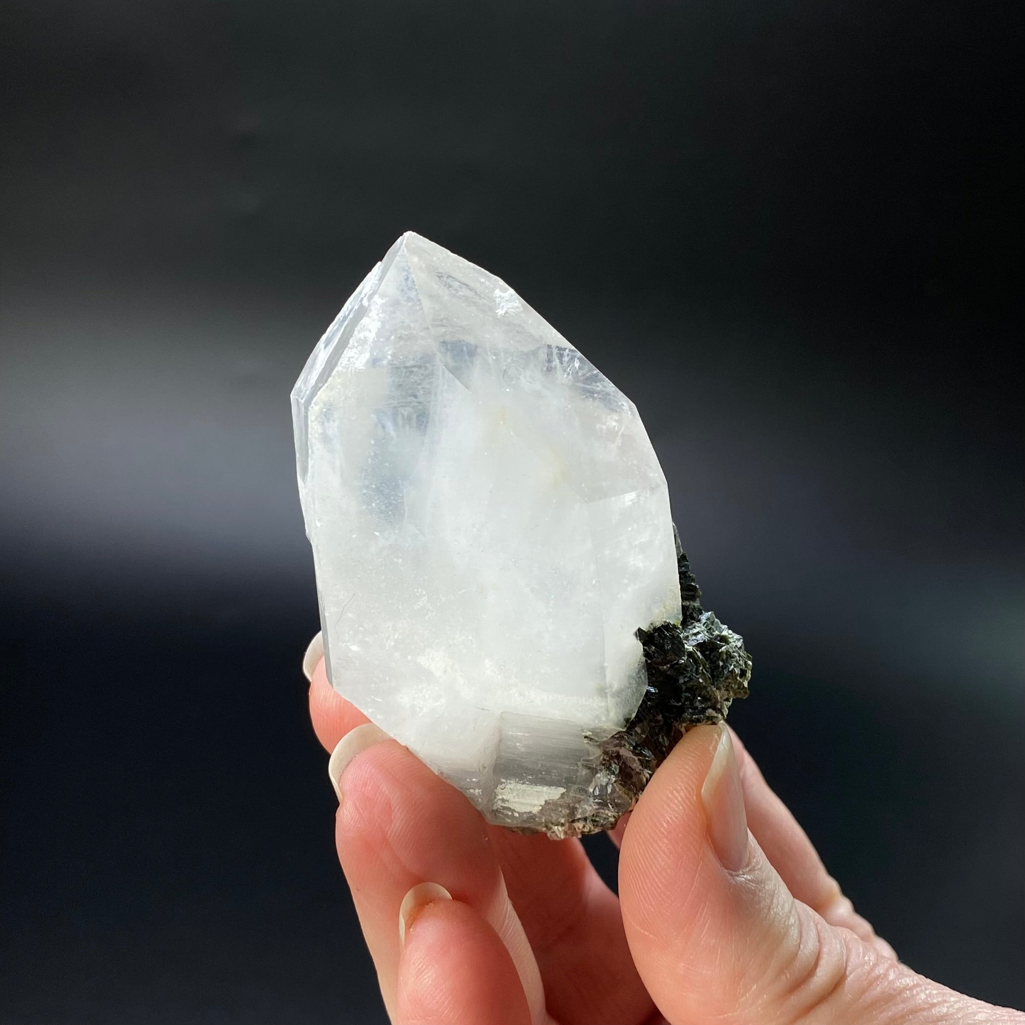 Quartz Crystal with Dark Green Epidote Crystals & Byssolite