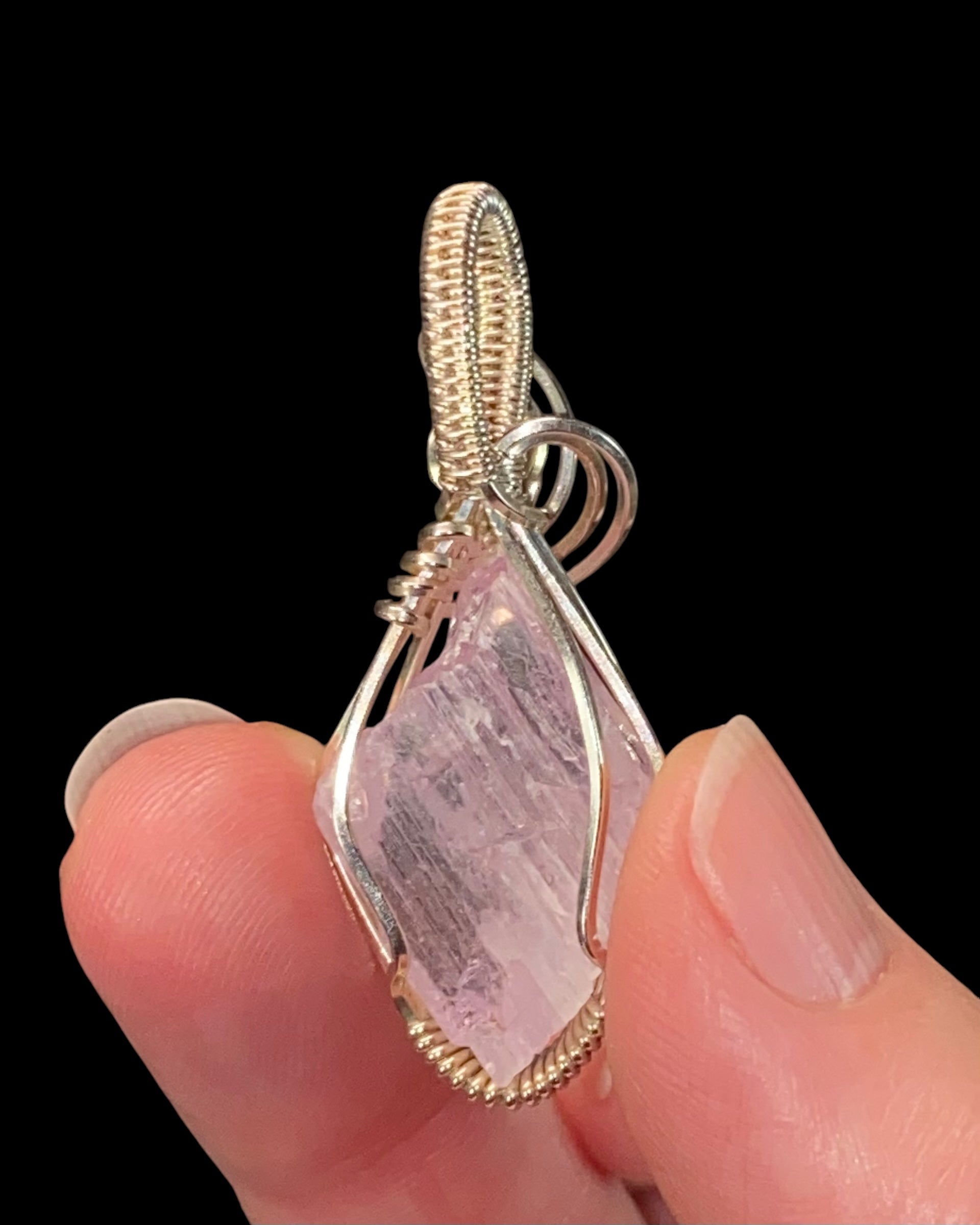 Fluorescent Spodumene Kunzite & Sterling Silver Wire Wrapped Pendant