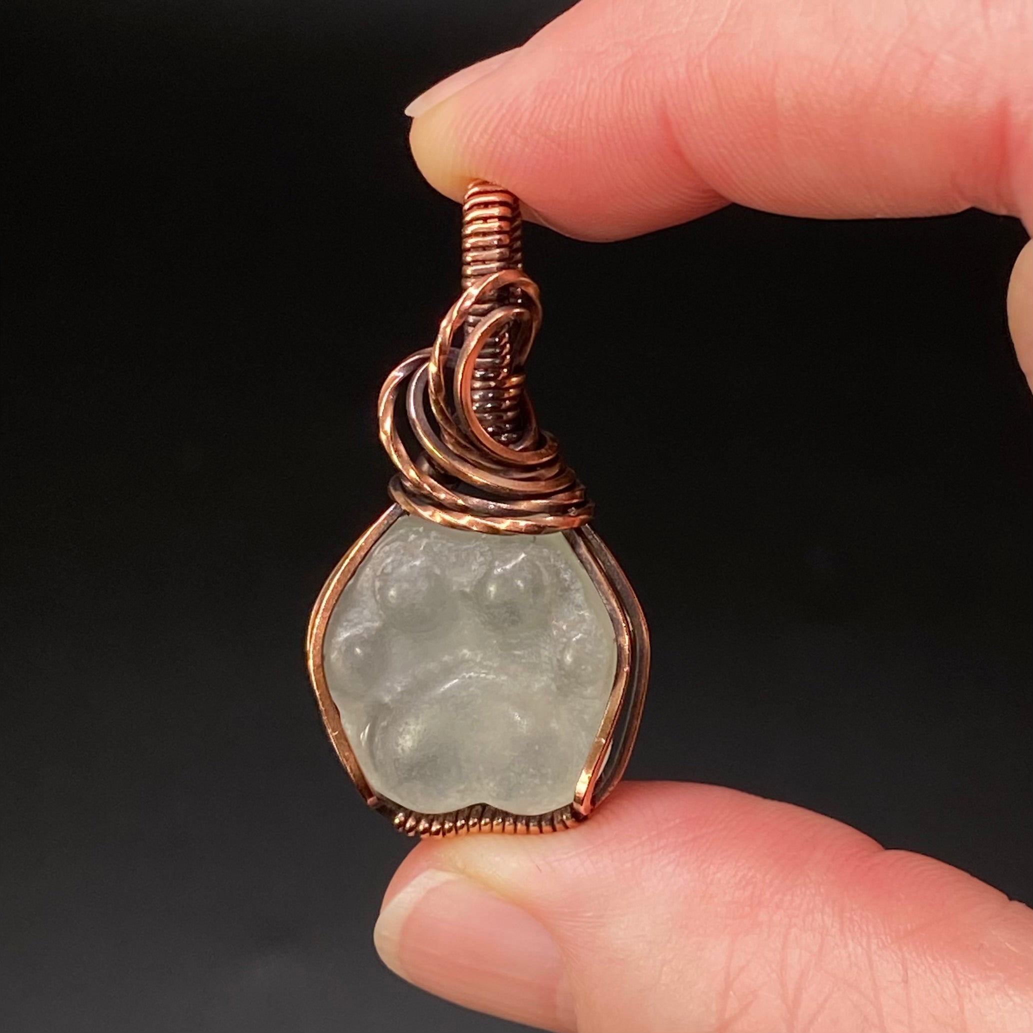 Green Fluorite Dog or Cat Paw Cabochon and Copper Wire Wrapped Pendant